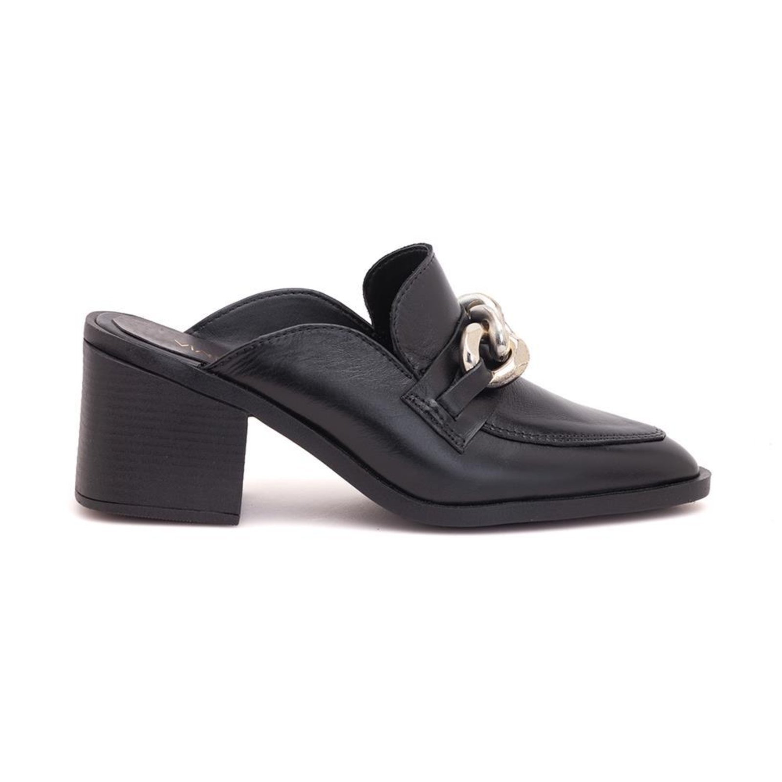 Mule Feminino Couro LeBlanc Salto Médio Bloco Corrente Moda Preto