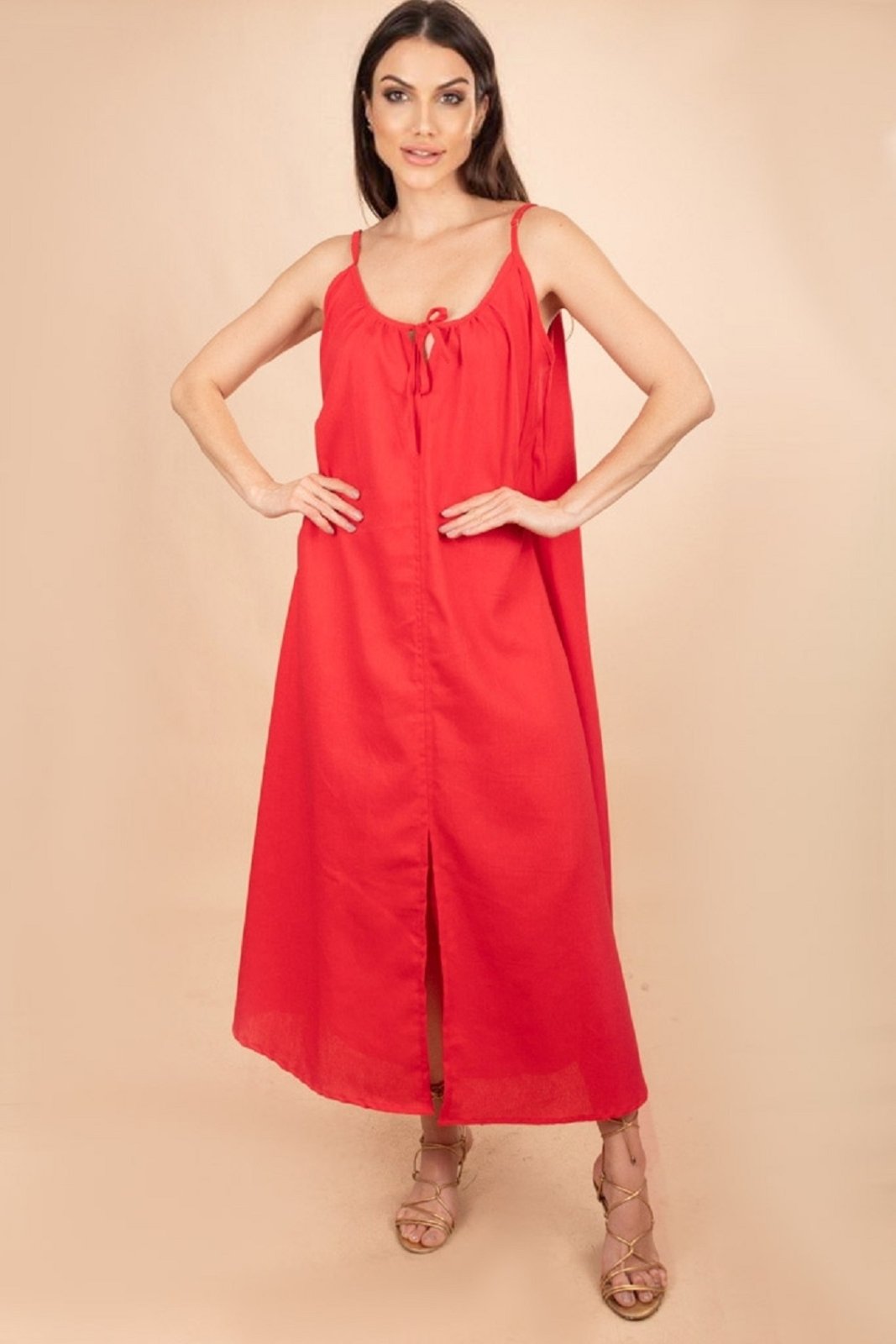 Vestido Longo de Linho com Viscose Vermelho