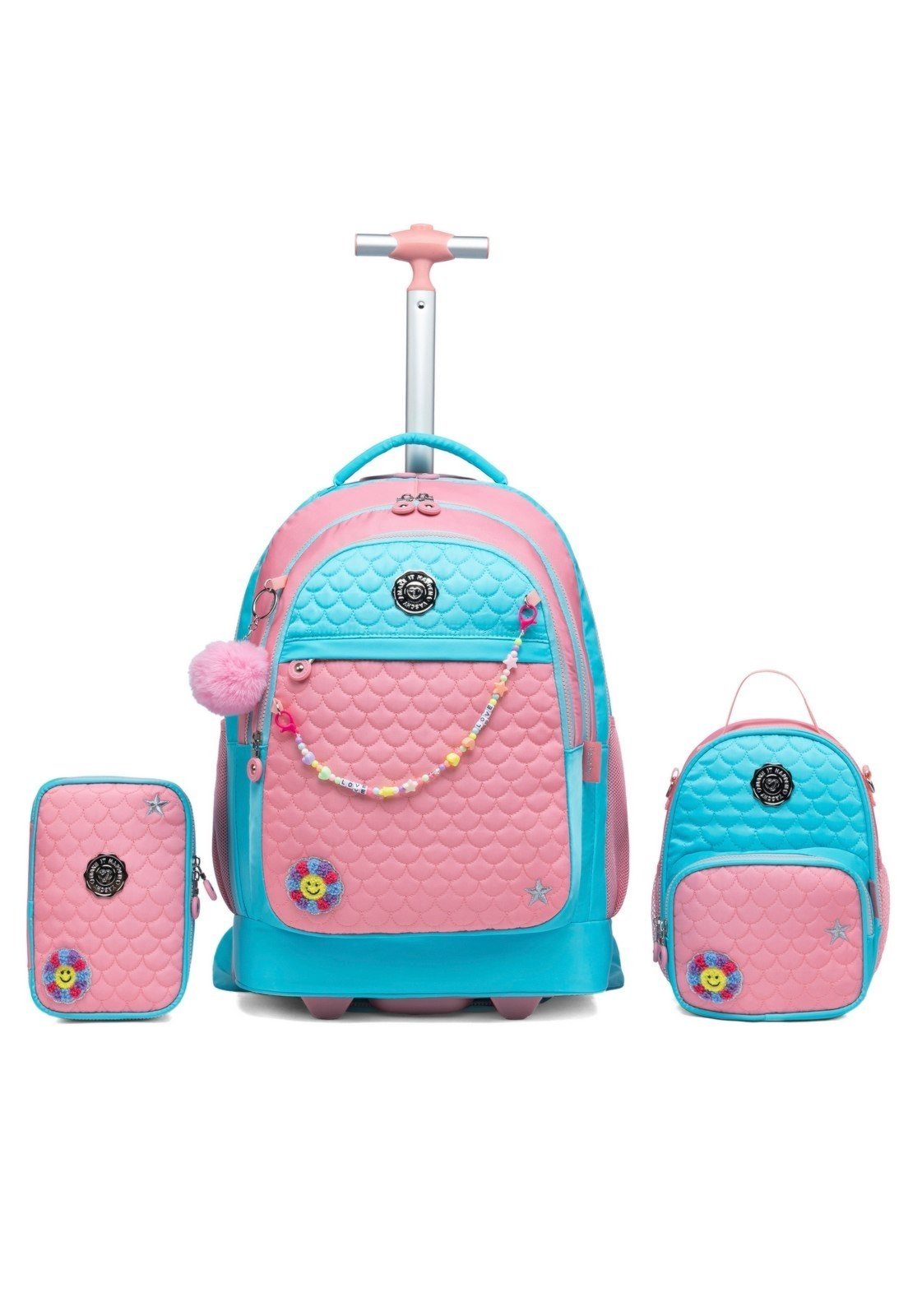 Vista 2 Infantil - Kit Mochila Rodinha Espaçosa Vaschy Estojo Lancheira Térmica Juvenil Resistente COBAN azul/rosa COBAN azul/rosa
