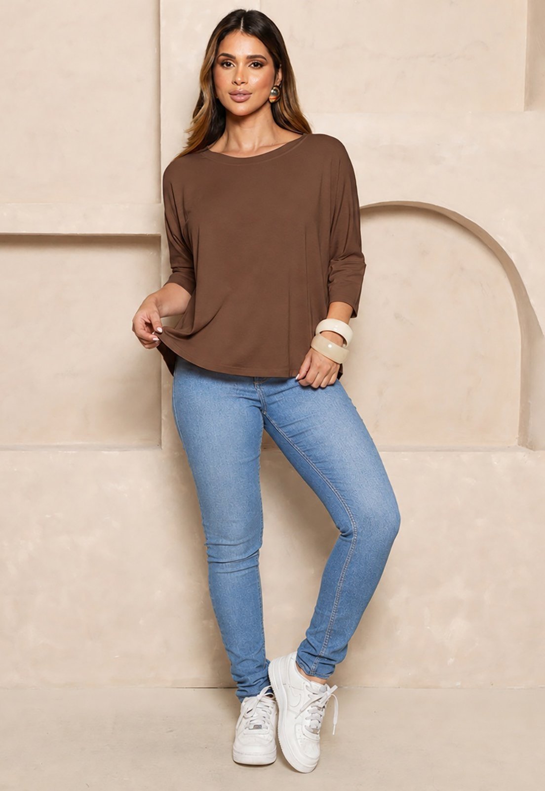 Blusa Amelia BBonnie Feminina Manga 3/4 em Malha Viscolycra Marrom
