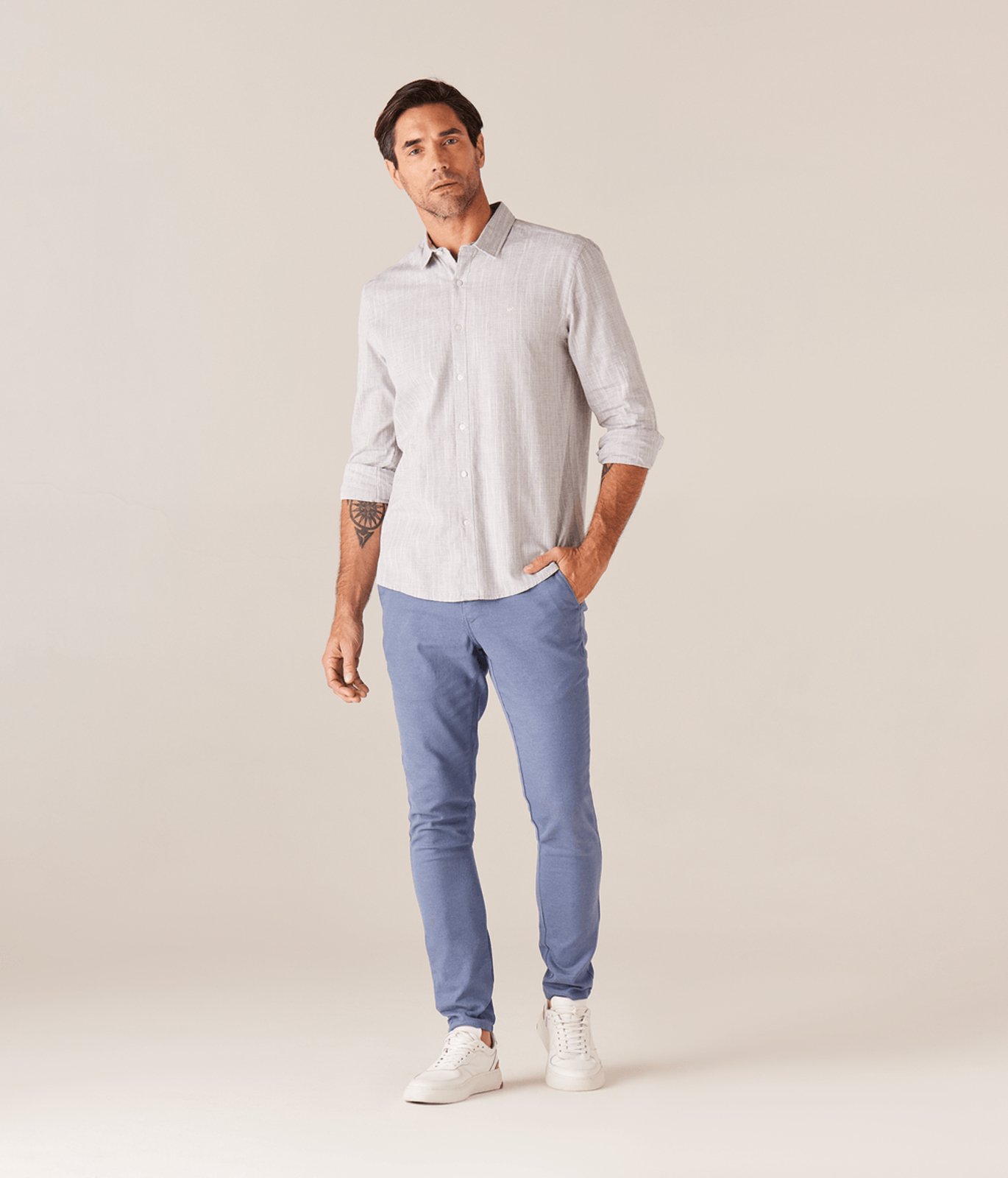 Calca Chino Bolso-Faca Masculina Azul Medio