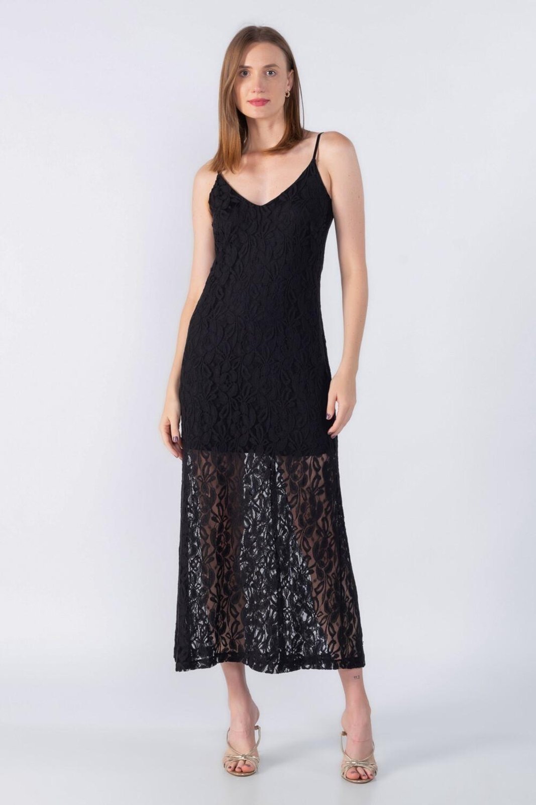 Vestido Lamis alongado renda trabalhada Preto