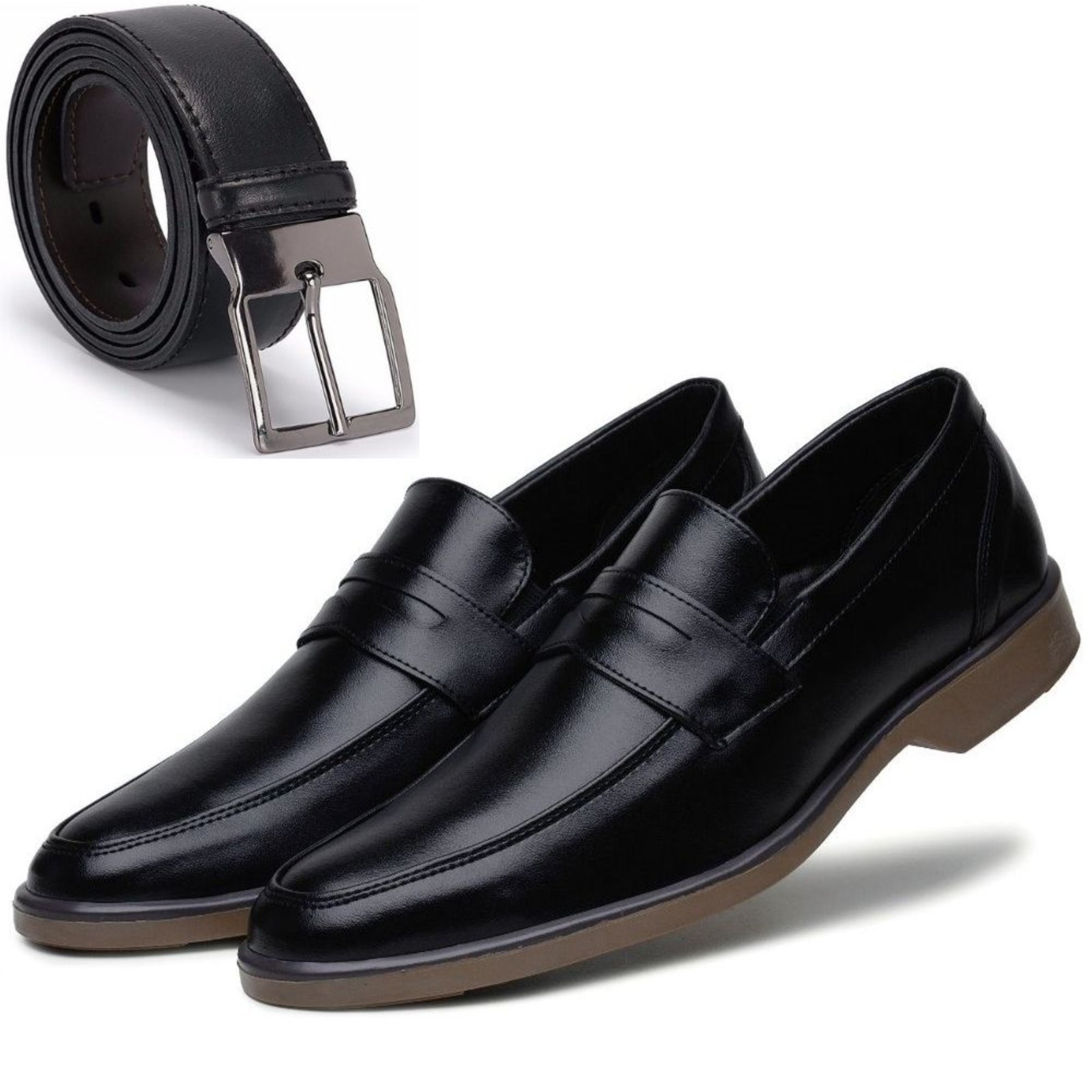 Kit Sapato Casual Social Solado Bicolor Preto Com Cinto Dupla Face