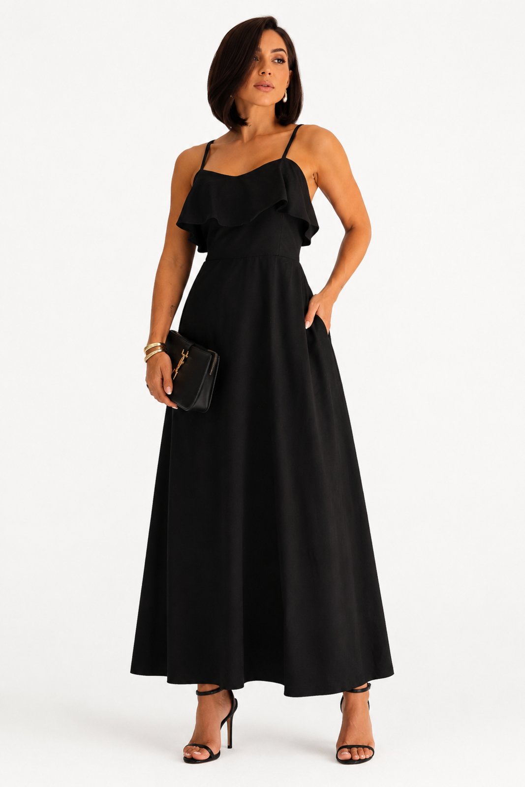Vestido Alcinha Longo D Bell Outlet Com Babado Preto