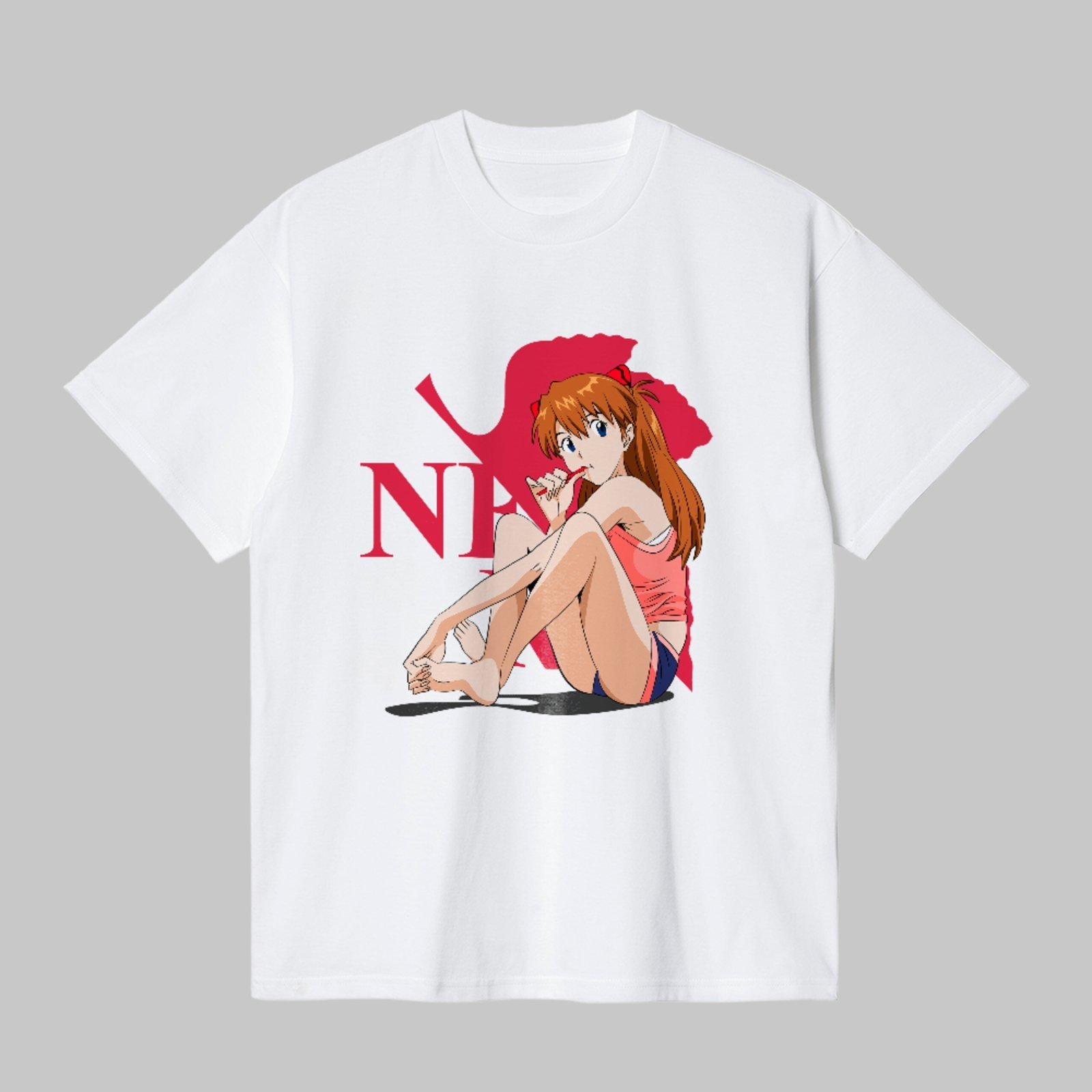 Camiseta Básica Asuka Langley Estilo Evangelion Anime Unissex Branco