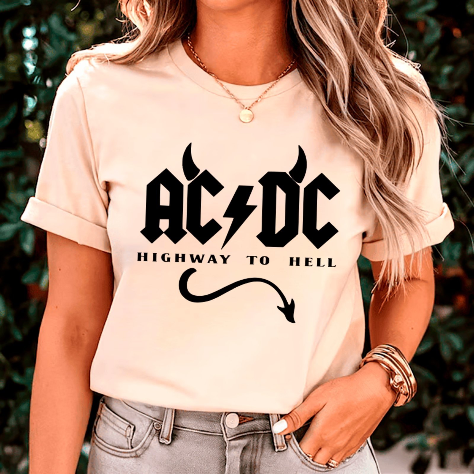 Vista 2 Camiseta Ousy Básica AC DC Ícone do Rock Highway To Hell Unissex Off White off-white white ousy off-white white
