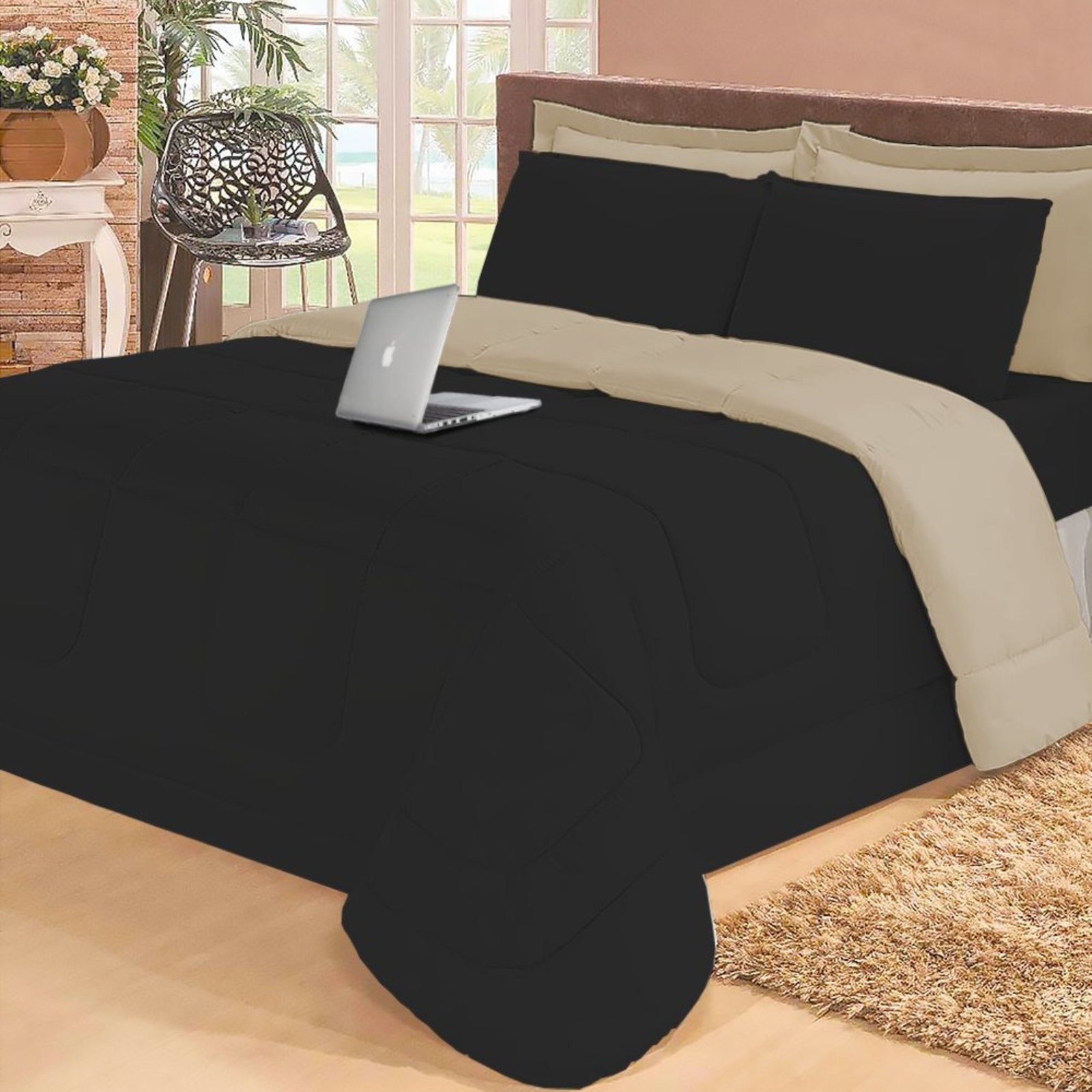 Kit Aconchego 6 peças Dupla Face Casal Queen Preto e Bege Casa Dona