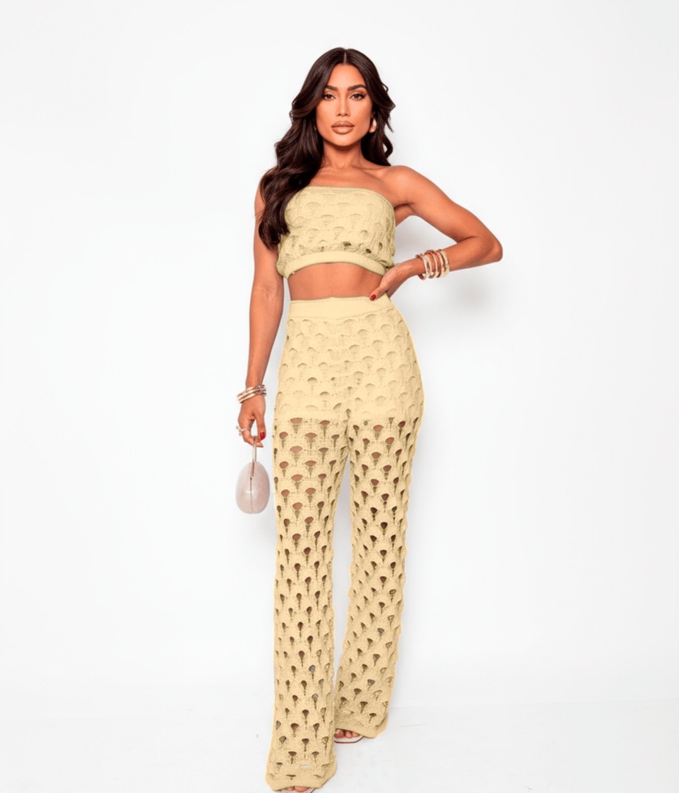 Conjunto Kit Três Peças Cherry Line Top Faixa Cropped Calça Vazada Short Tricot Croche Amarelo