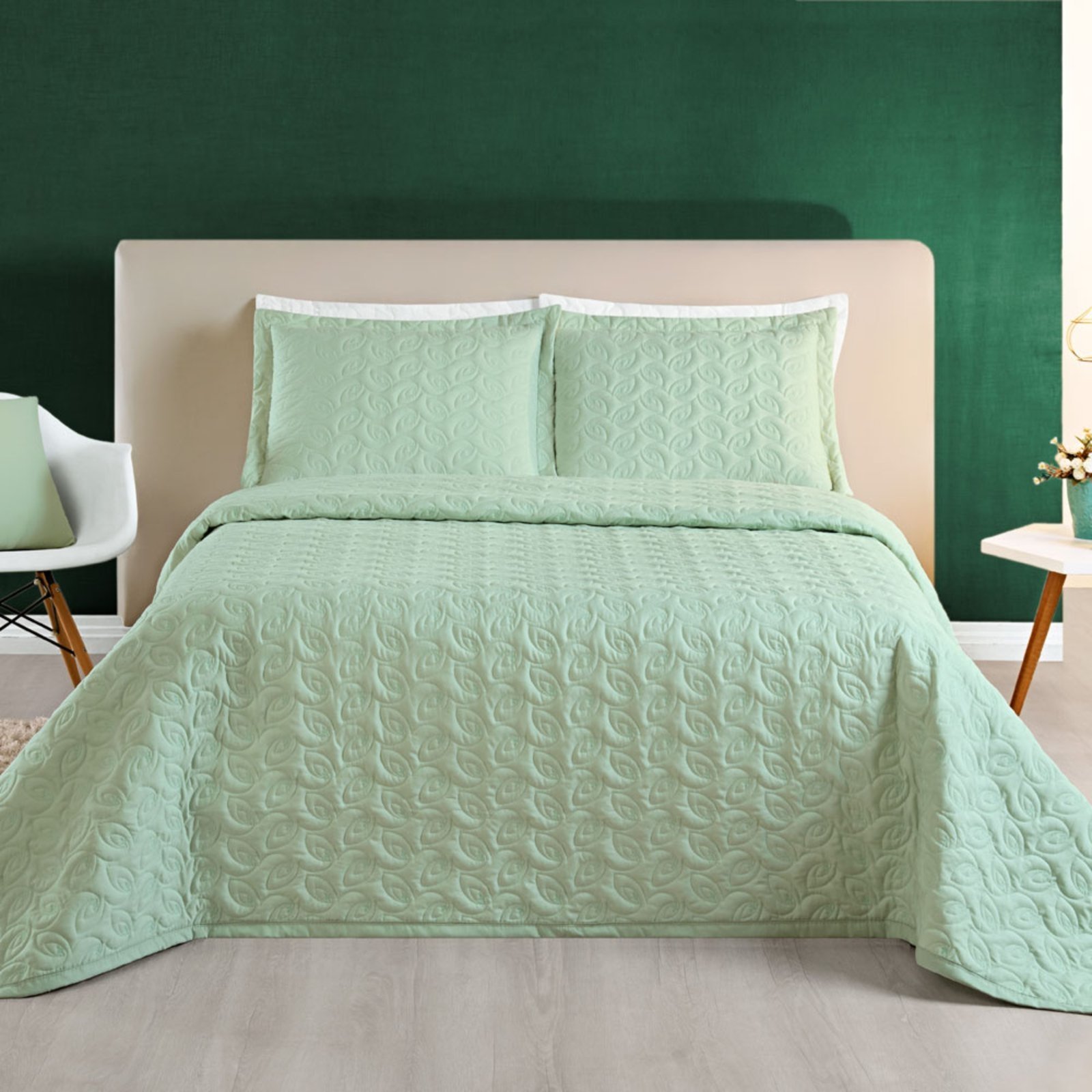 Kit Cobre Leito Colcha Casa Scarpa Desirée Queen Bordado Micropercal 200 Fios 3 Peças - Verde
