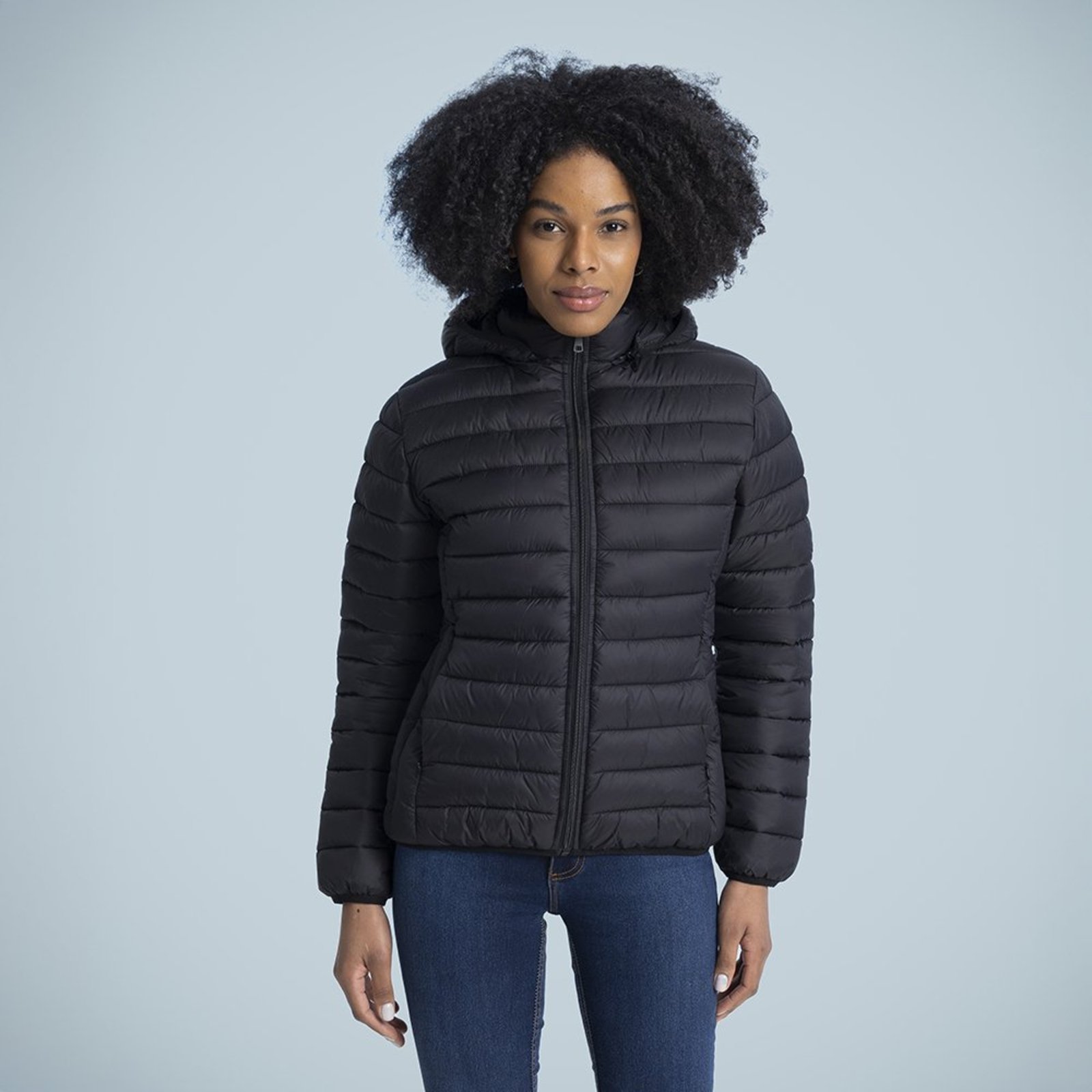 Jaqueta Puffer Feminina Gola Alta Preto Com Capuz Removível