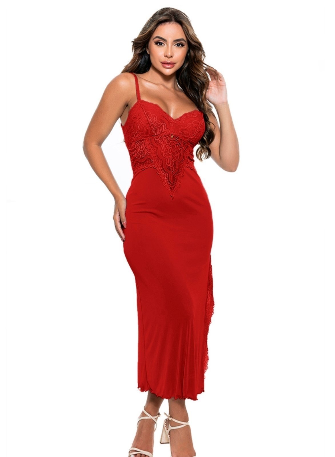 Camisola Longa Tete Variedades Rendada Fenda Sensual Poliamida Vermelha