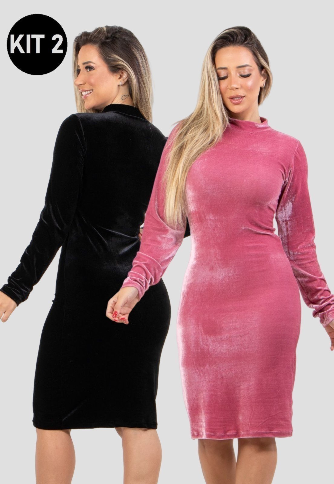 Kit 2 Vestidos Manga Longa 4 Estações Veludo Molhado Midi Festa Casual Inverno Preto/Rosa