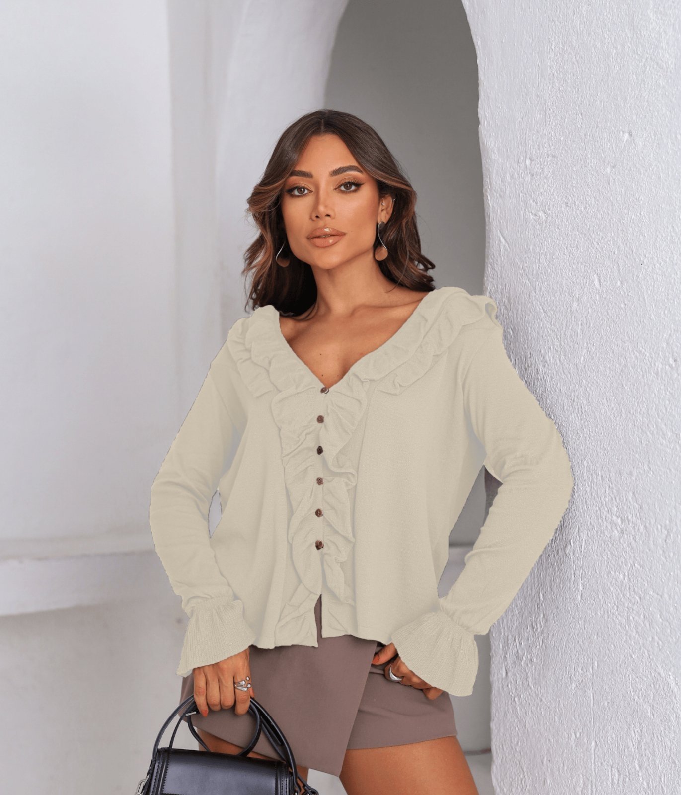 Blusa Casaco Cherry Line Tricô Botão Aberto Manga Longa Babado Creme