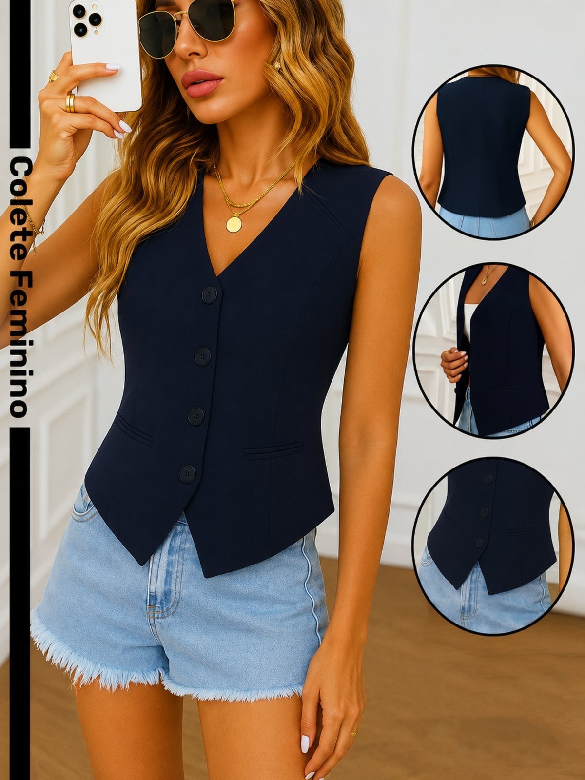 Colete Feminino Alfaiataria Safira Moda Azul Marinho