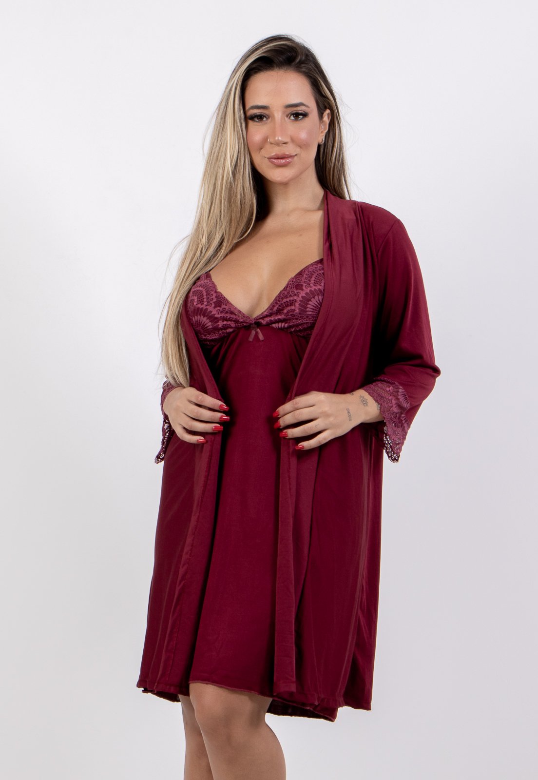 Robe Roupão Feminino 4 Estações Com Renda Manga Curta Luxo Verão Bordô