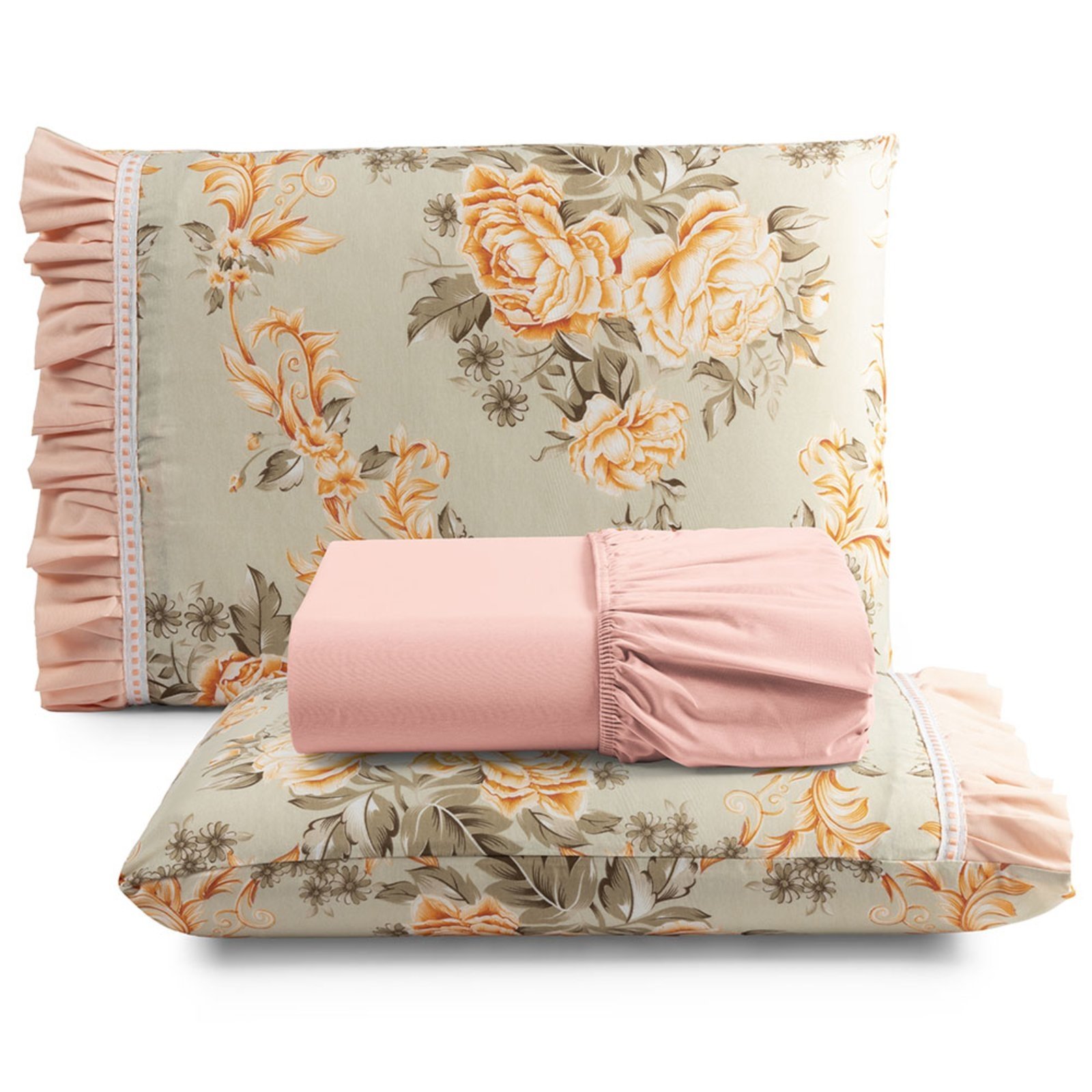 Jogo Cama Lençol Fiore Casa Scarpa Queen Estampado 180 Fios 100% Algodão com Babadinho 3 Peças Salmão Floral