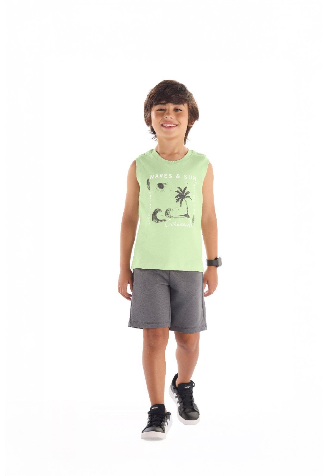 Vista 2 Infantil - Conjunto Regata Estampada Bermuda Quimby branco Quimby branco