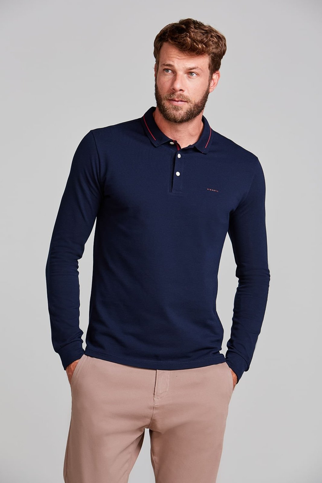 HIGHSTIL Camisa Polo Manga Longa Piquet Slim Fit - Azul Marinho