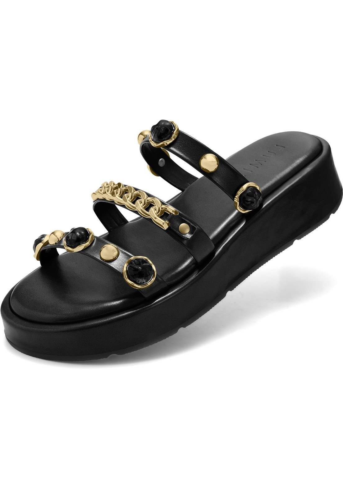 Sandália Feminina Lumiss Flatform Tamanco Confortável Corrente Dourada Pedras Preto