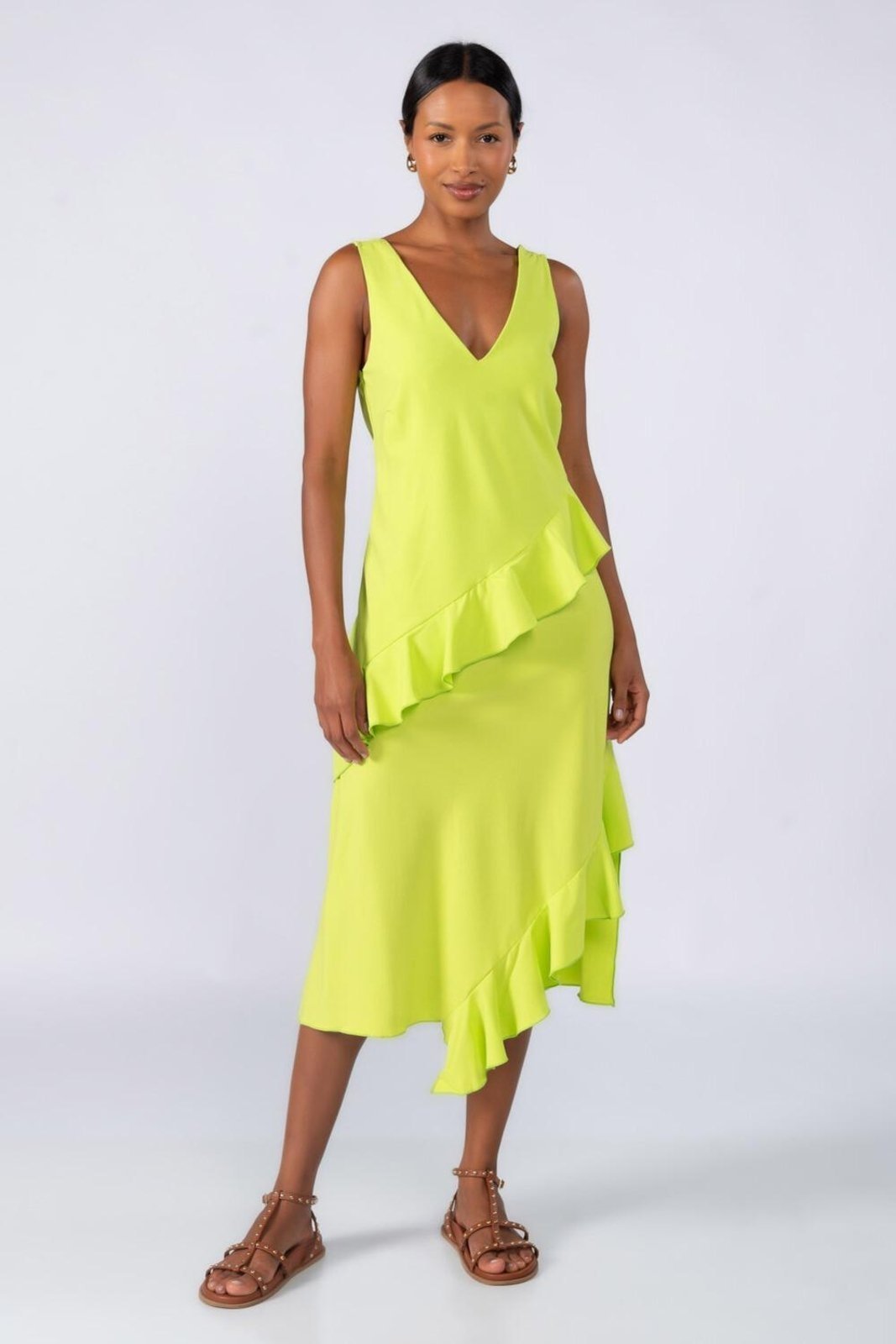 Vestido midi crepe com babados Verde