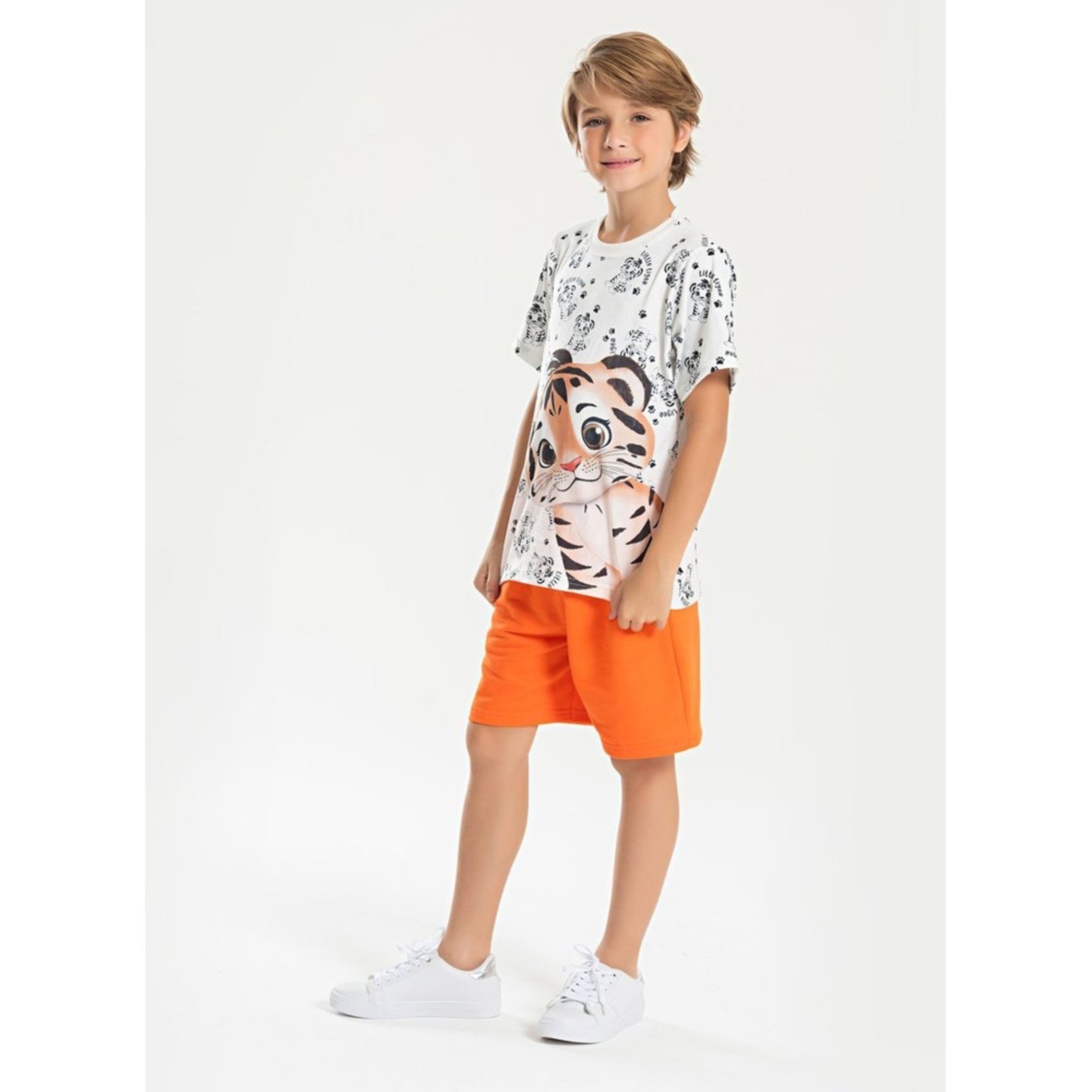 Infantil – Conjunto Verão Menino Natural Camiseta e Bermuda Pequeno Tigre