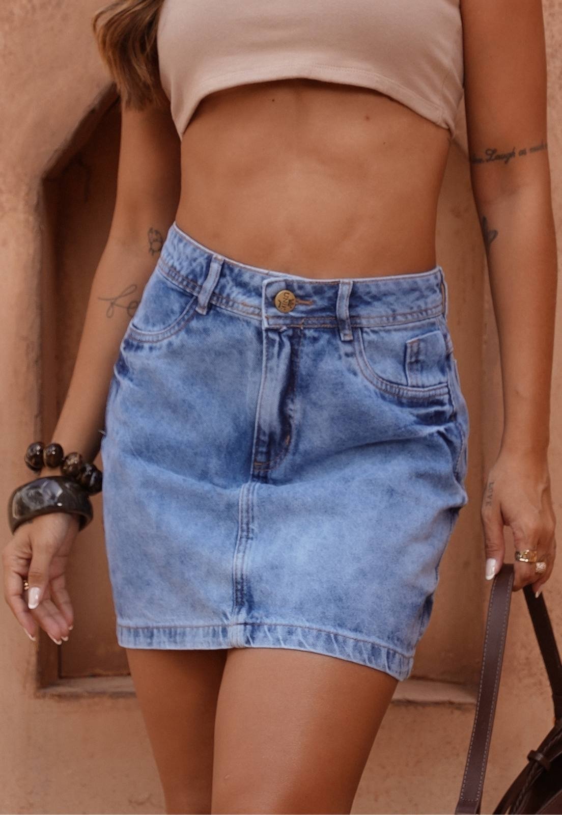Saia Feminina Pletora Jeans Cintura Alta Lavagem Marmorizada