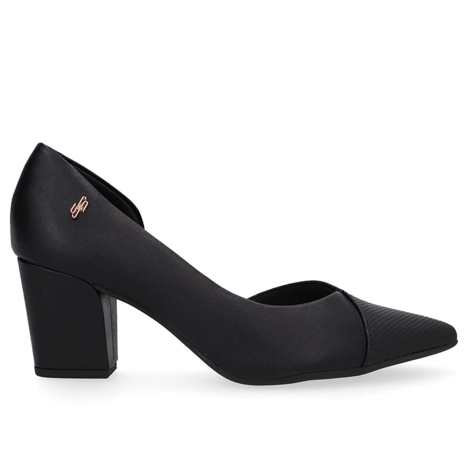 Scarpin Couro Preto Bico Fino Recorte Lateral