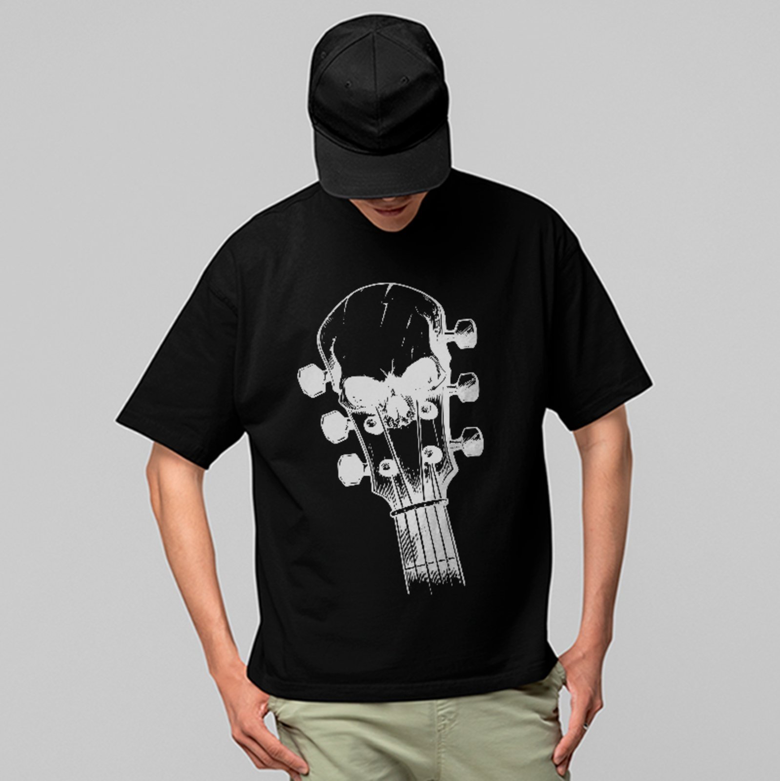 Camiseta Oversized Skull Guitar Rock Style Urban Trend Preto