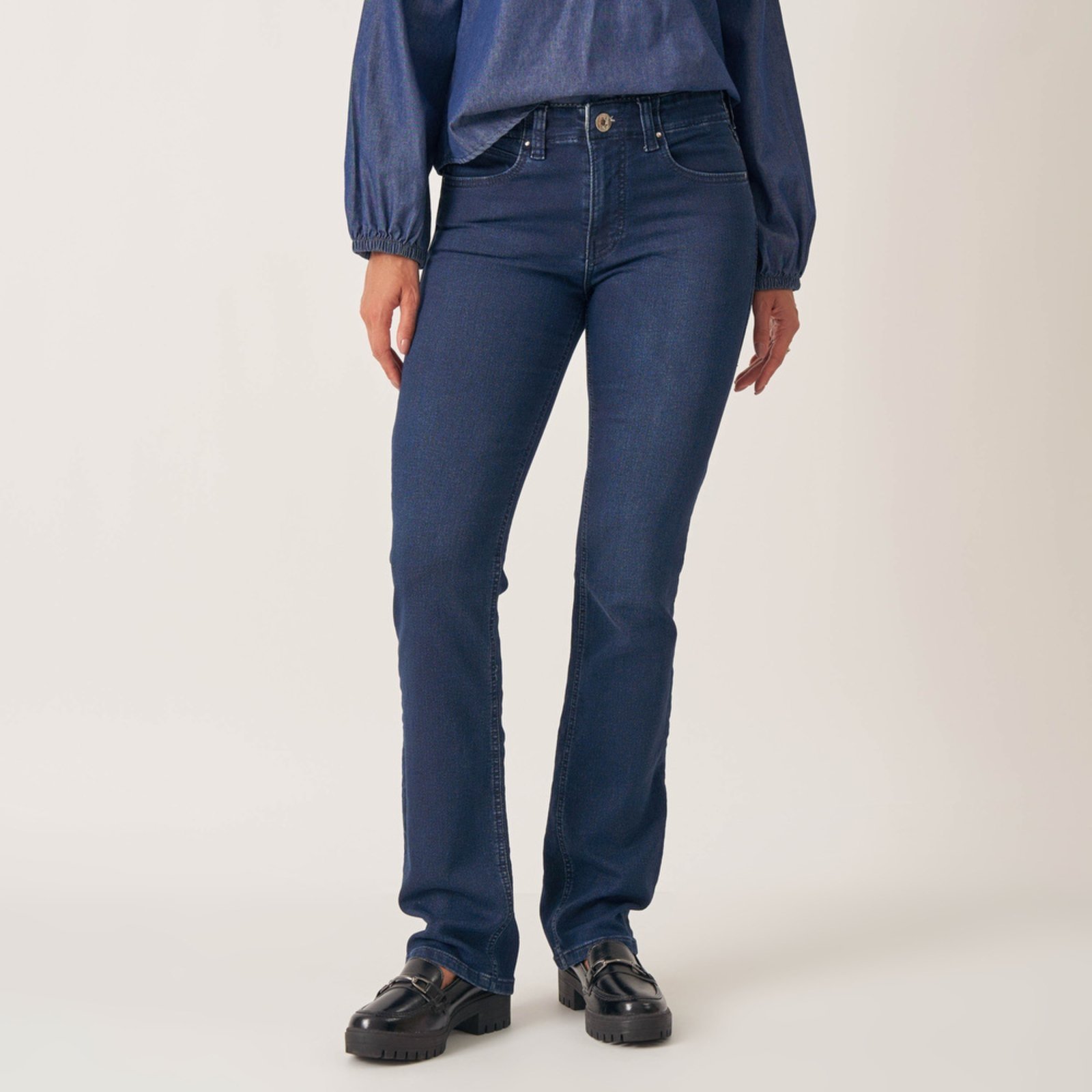 Calça Jeans Confort Reta Cintura Alta Cós Revel Listras