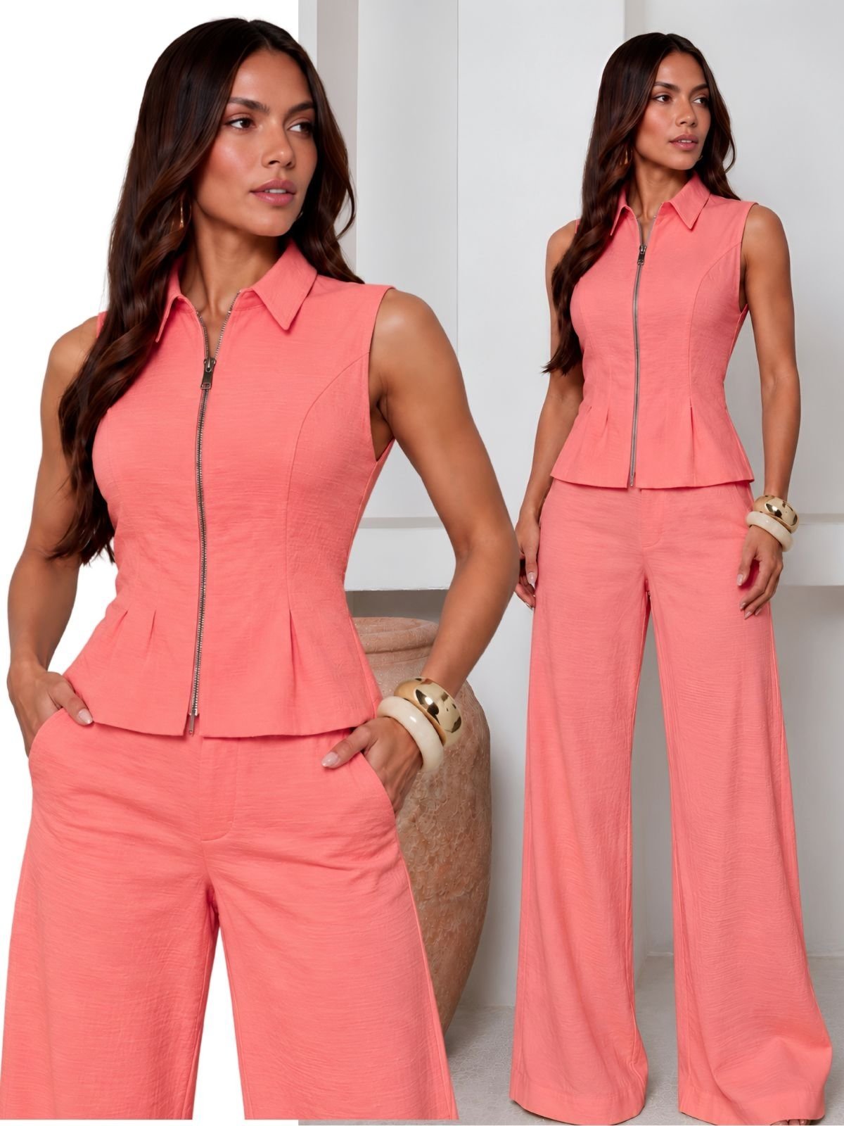 Conjunto Feminino Alfaiataria Colete com Zíper e Calça Pantalona Feminino - Coral