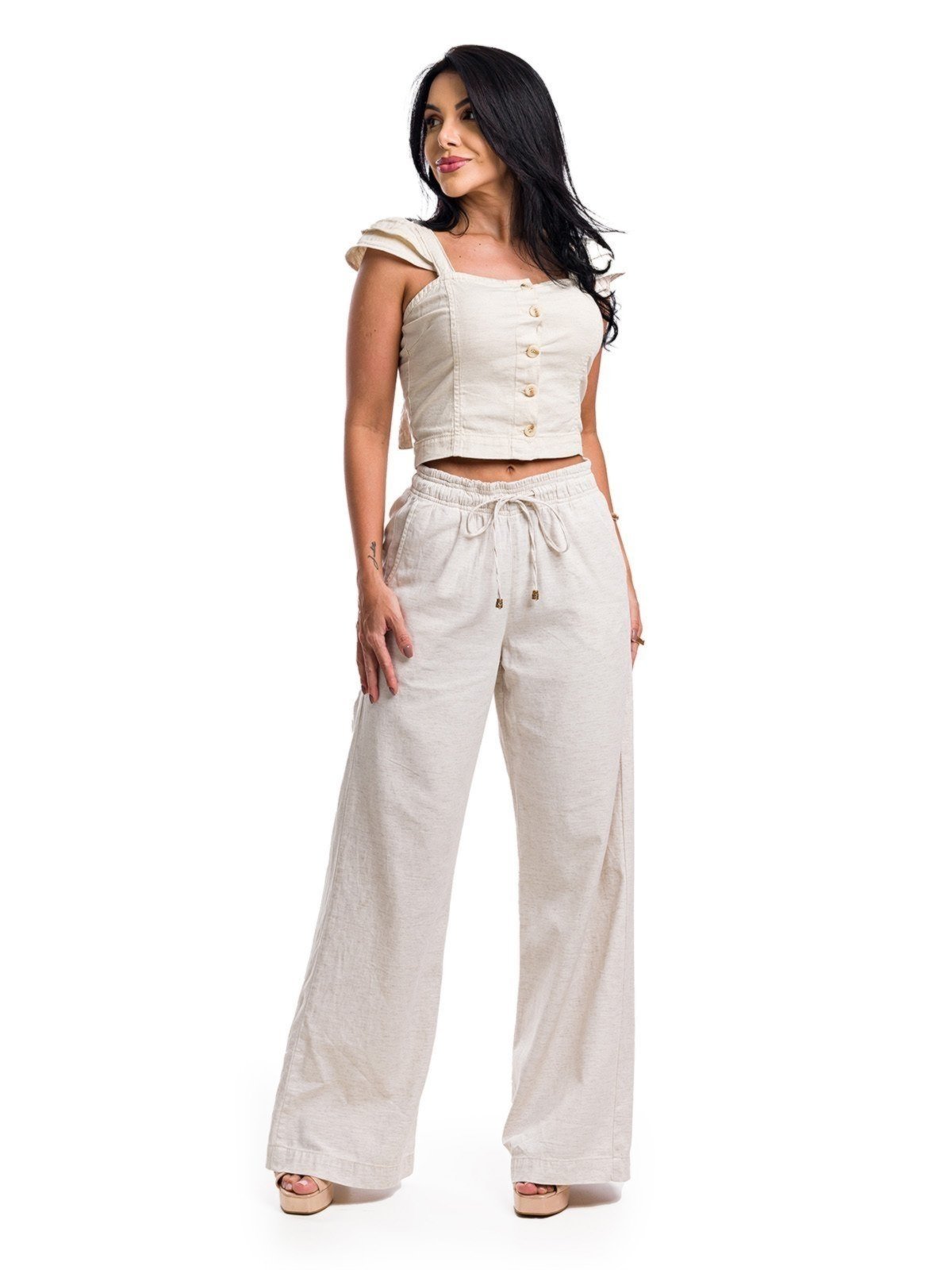 Conjunto Restrito Jeans Cropped Calça Wid Leg Linho – BEGE