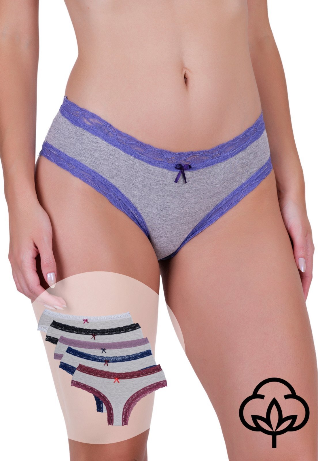 Vista 2 Kit 5 Calcinhas Femininas Algodão Boneca Renda Drapeado Concept Lingerie multicolorido Concept Lingerie multicolorido