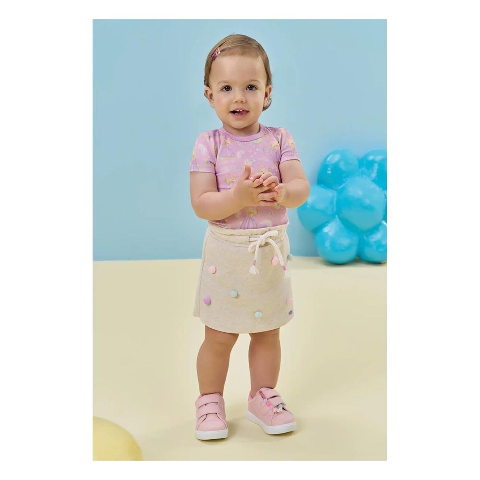 Infantil - Conjunto Kukiê Body Estampado e Saia com Pompons Rosa/Off White G Unico