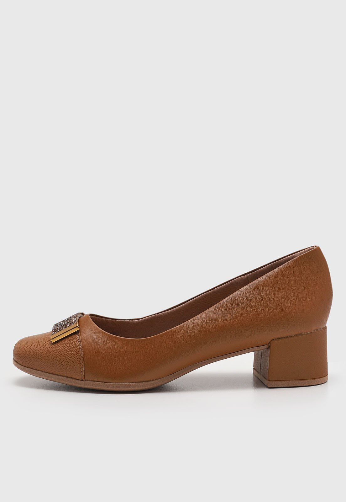 Scarpin Feminino Usaflex Salto Bloco Detalhe Pedraria Caramelo