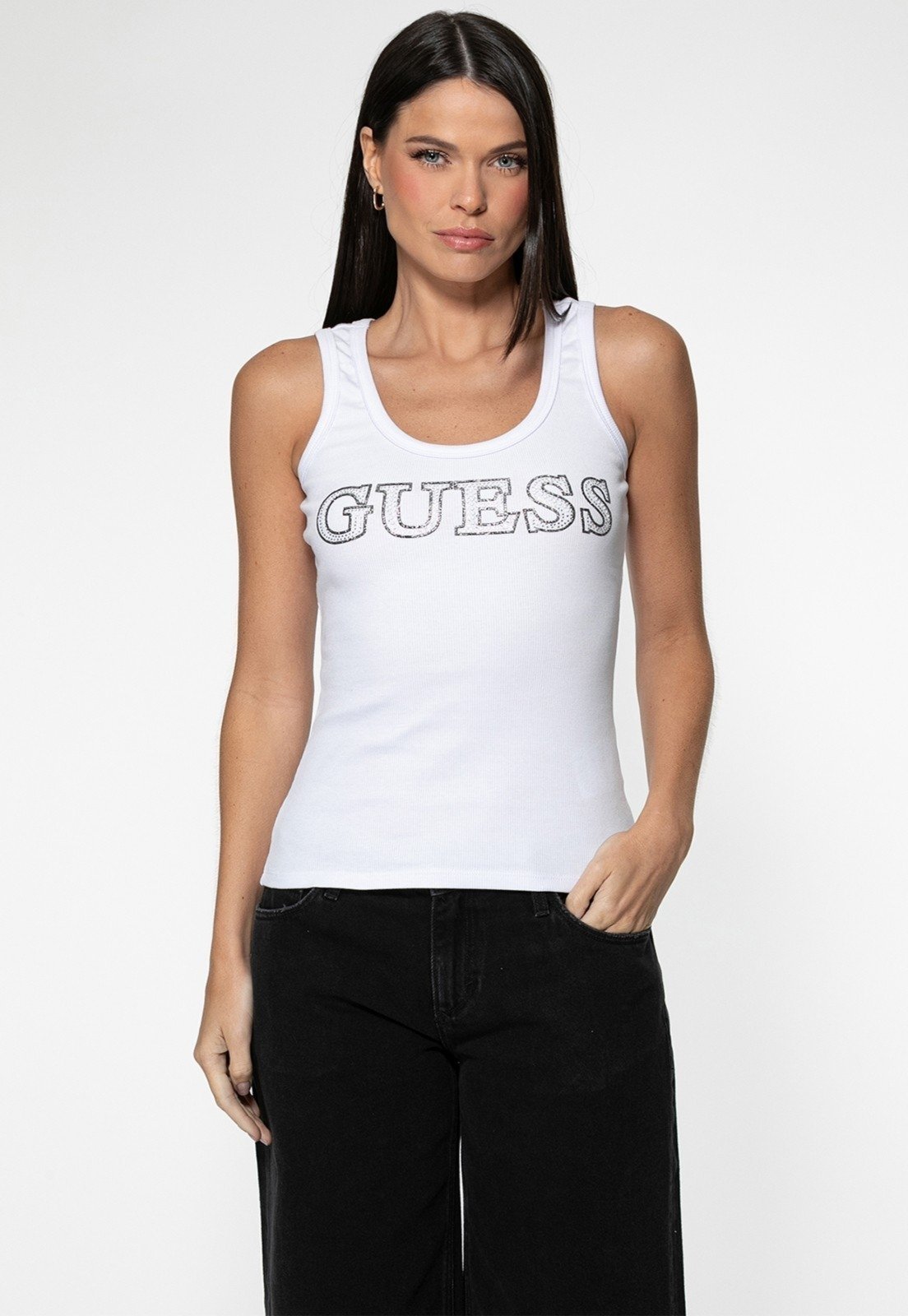 Regata Guess Rib Bordado Hotfix Branco