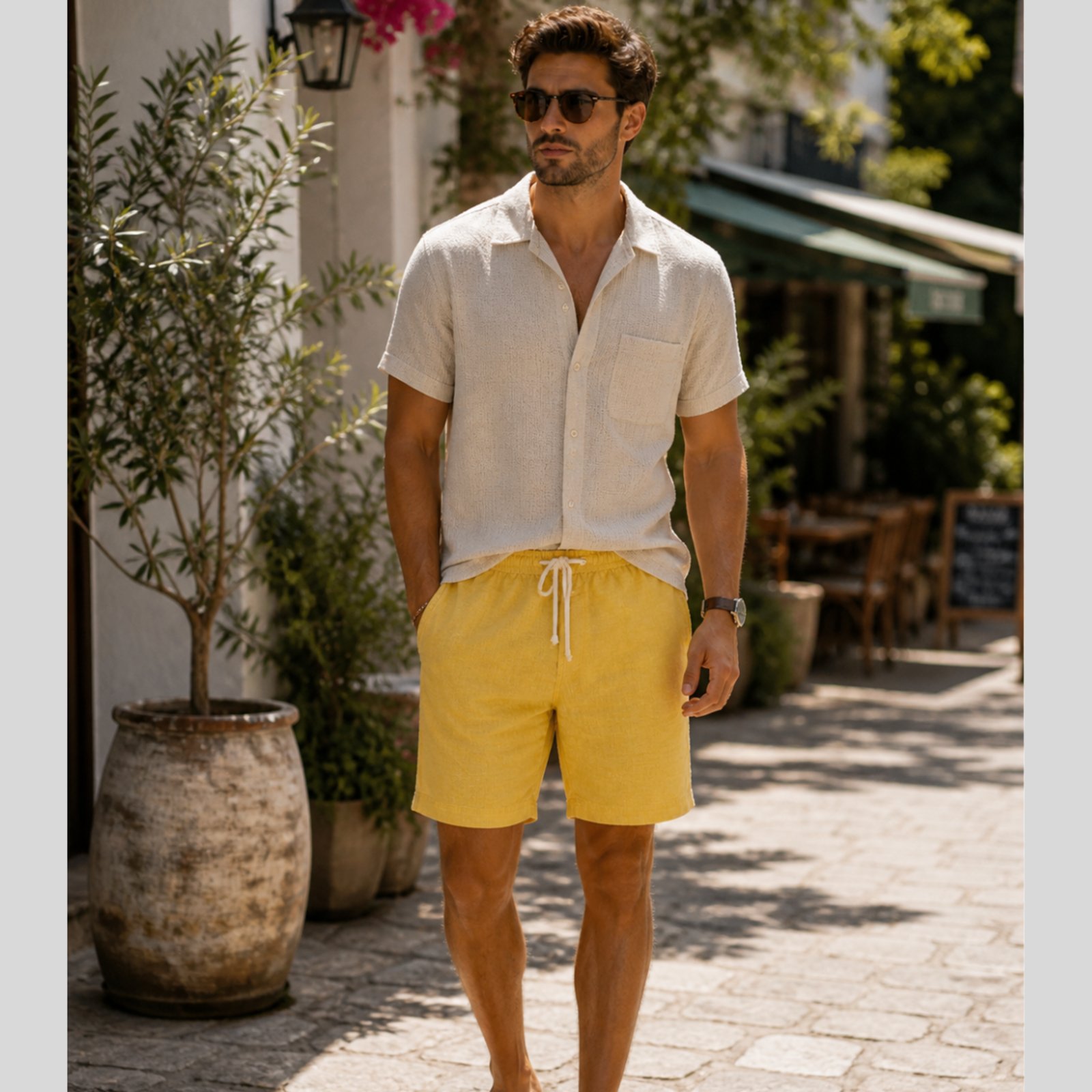 Bermuda De Linho Masculina Short Com Cordão Mauricinho Leve Amarelo
