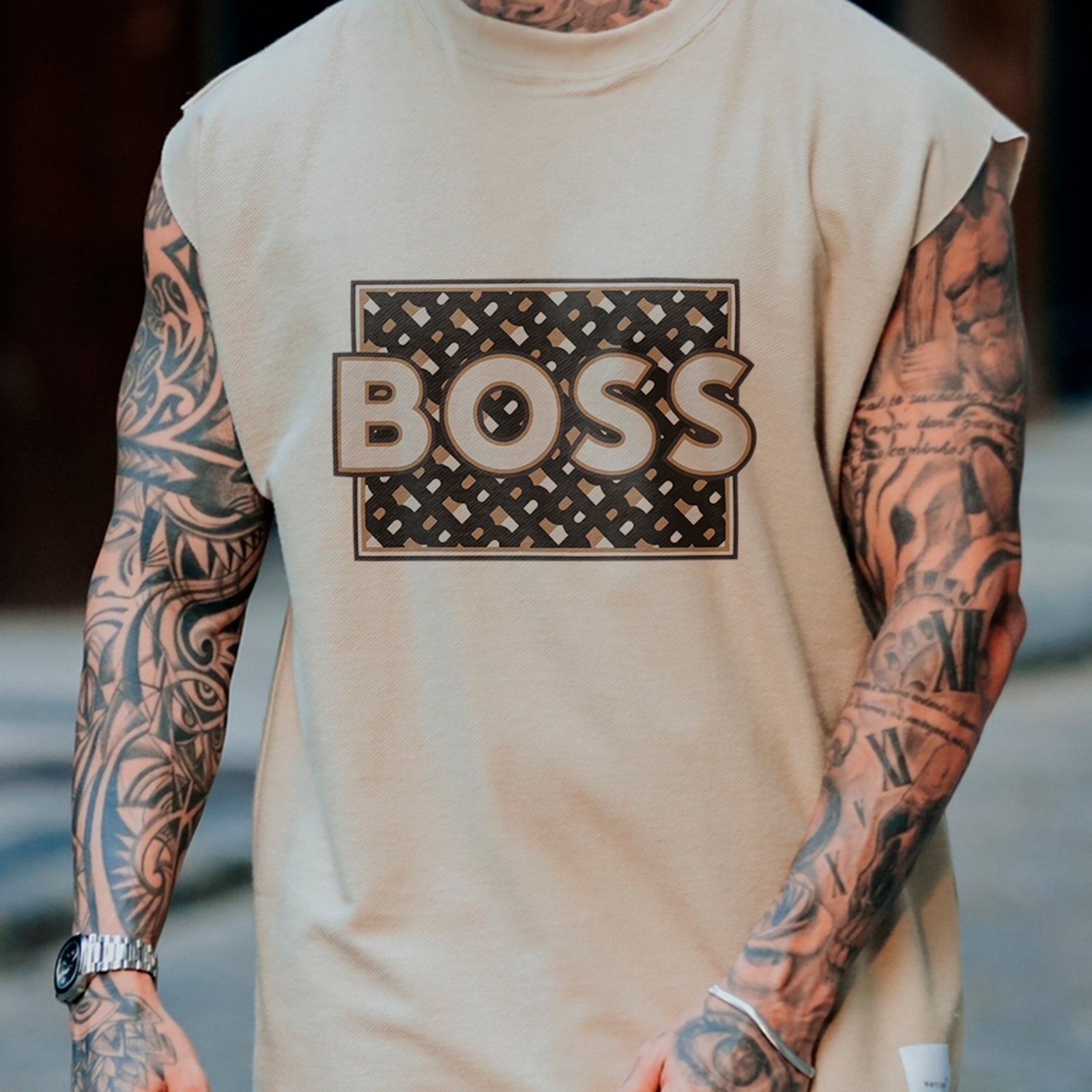Camiseta Regata Machão Boss Fashion Urbana Estampa Casual Off White