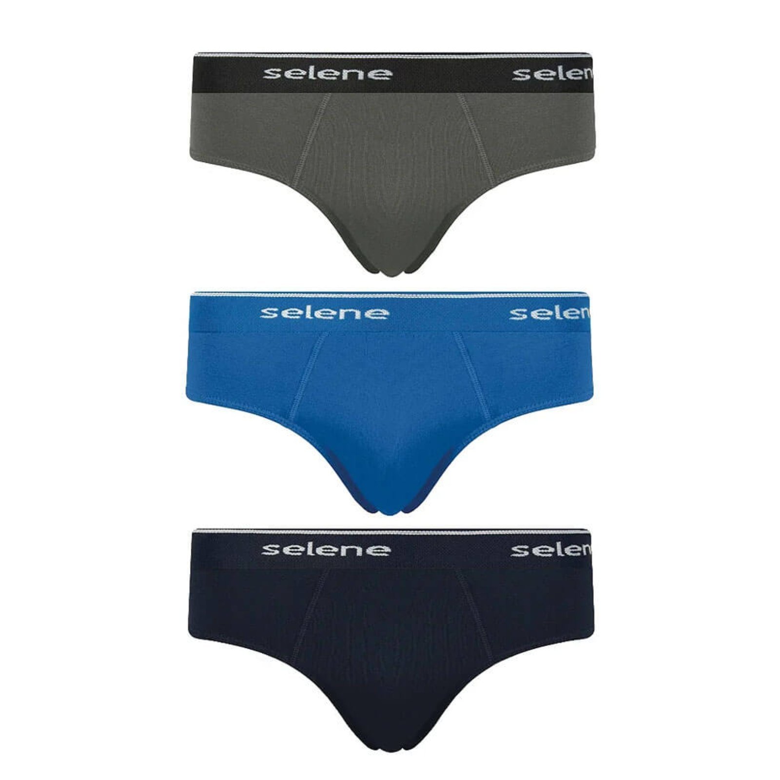 Kit 3 Cuecas Slip Marinho/Chumbo/Azul Selene 11900-1 Algodão