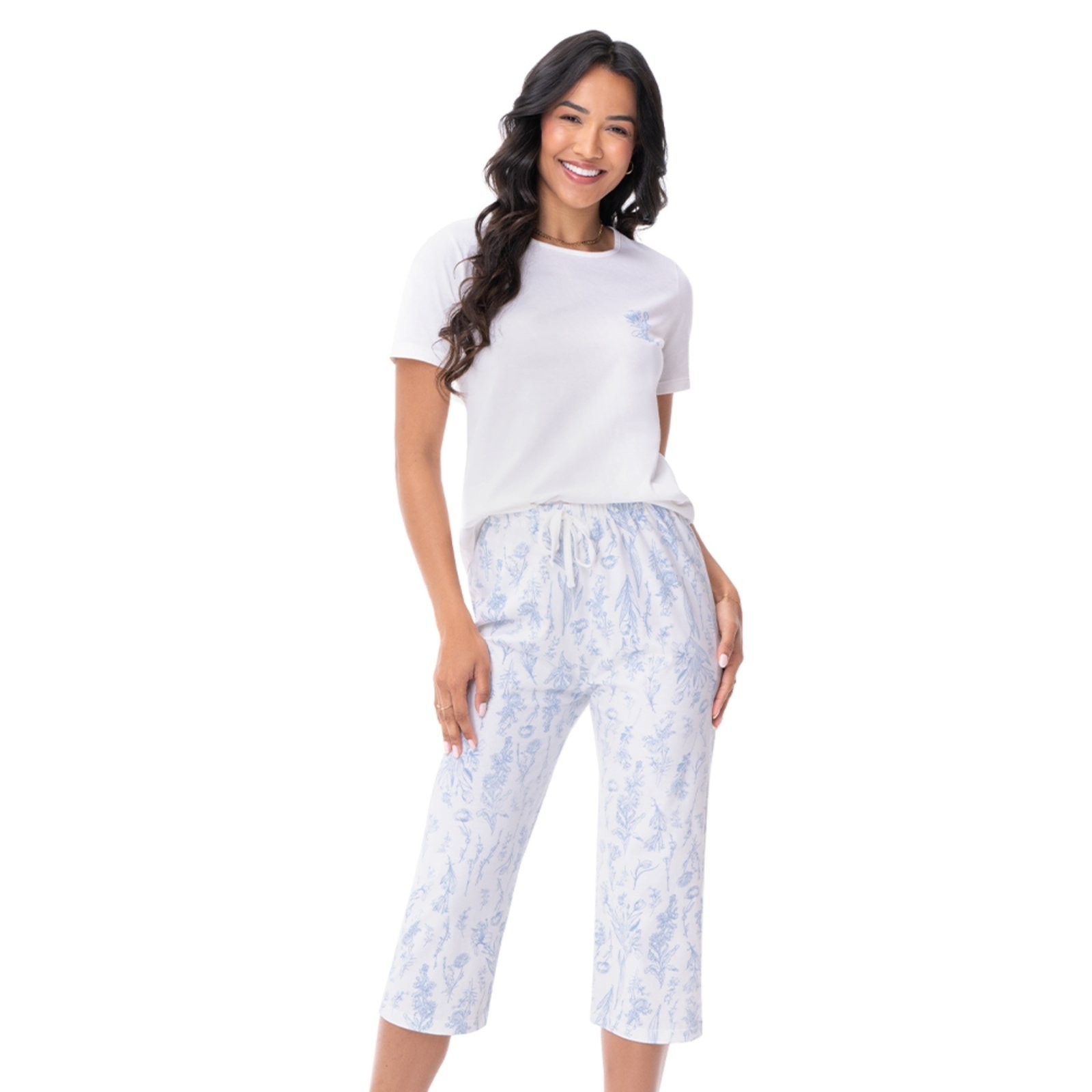 Pijama Manga Curta com Calça Cropped em Algodão Azul