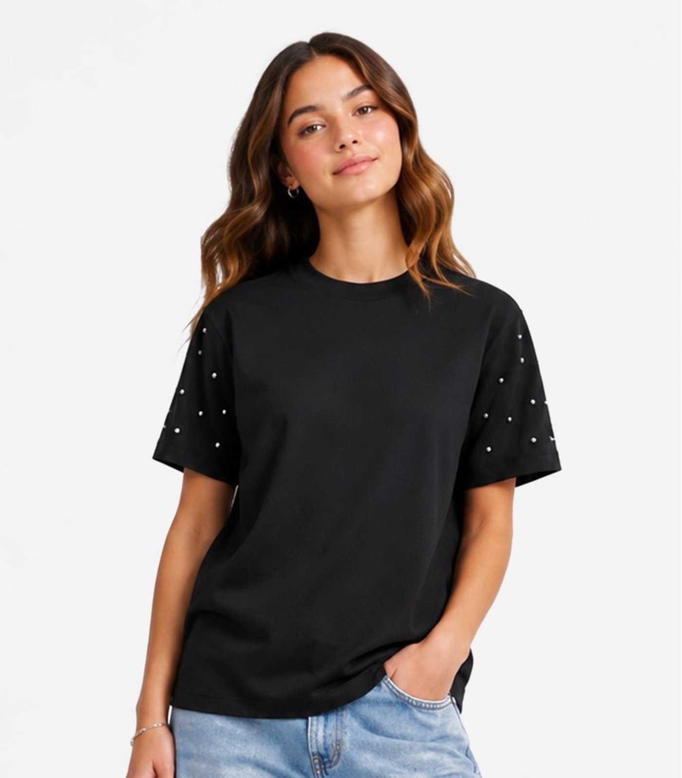 Infantil - T-Shirt Feminina Com Rebite E Strass Minty Preto