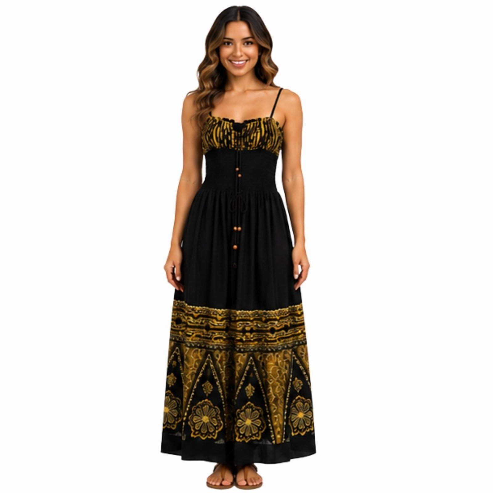Vestido Feminino Longo de Alça com Lastex Estilo Boho Indiano Preto