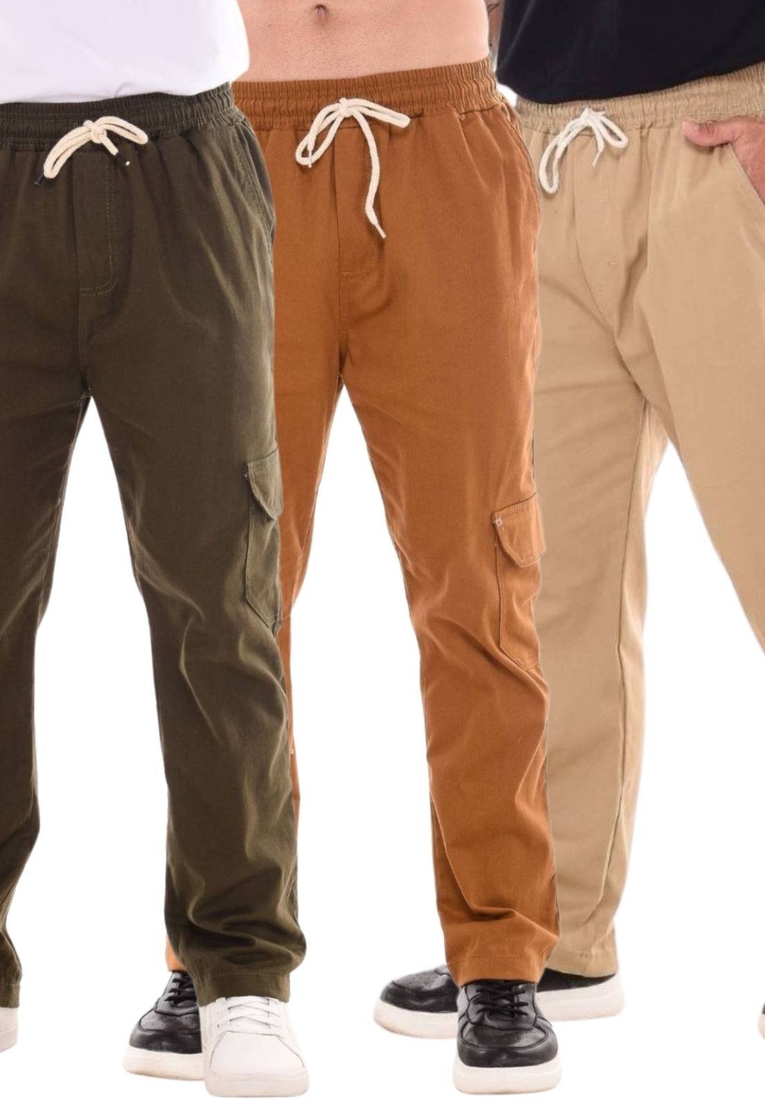 Kit 3 Calças Jogger Ethereal Jeans com Bolso Cargo Sem Punho Caqui Verde e Caramelo