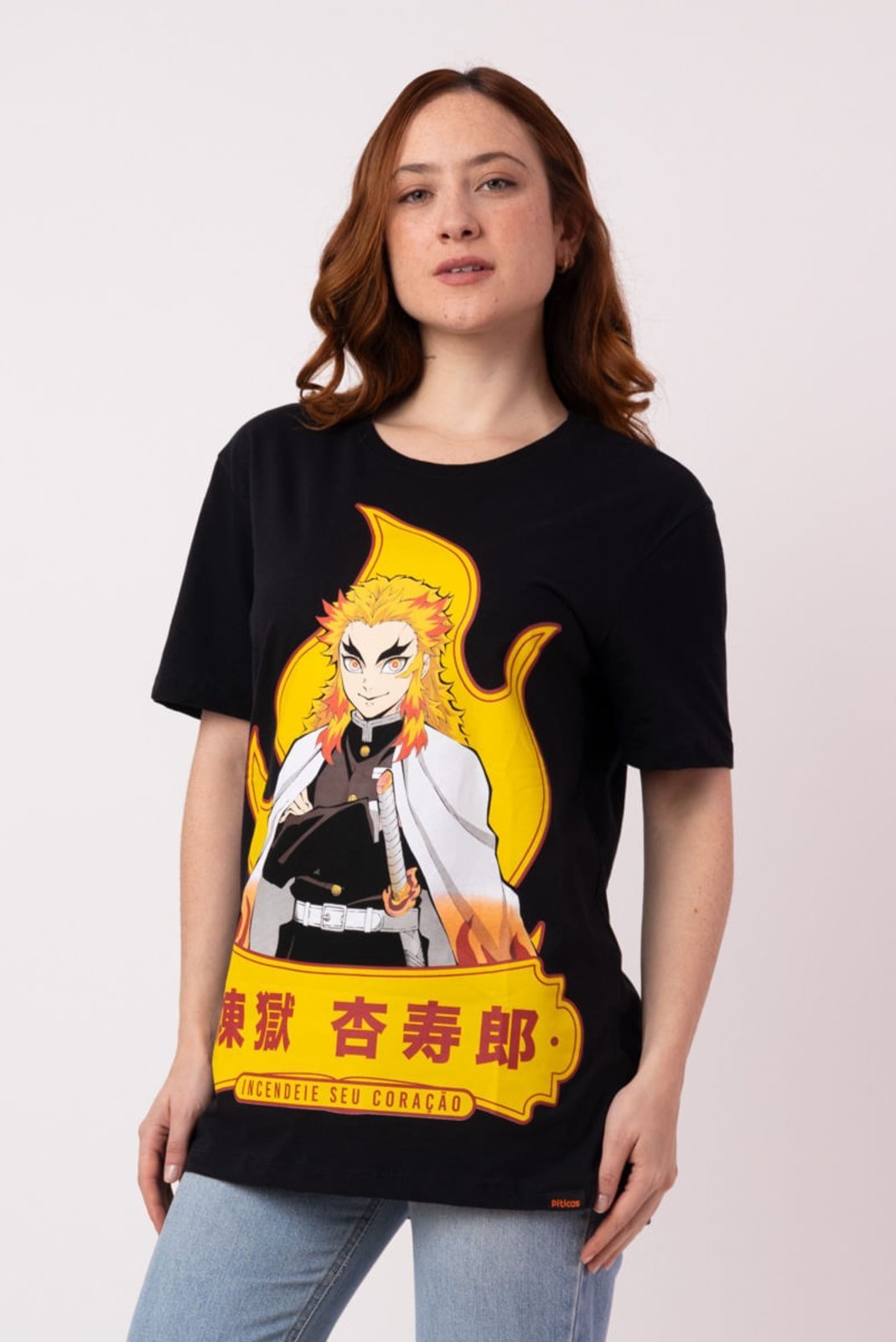 Vista 3 Camiseta Demon Slayer Kyojuro Hashira da Chama Rengoku Camiseta Demon Slayer Kyojuro Hashira da Chama Rengoku PITICAS preto PITICAS preto