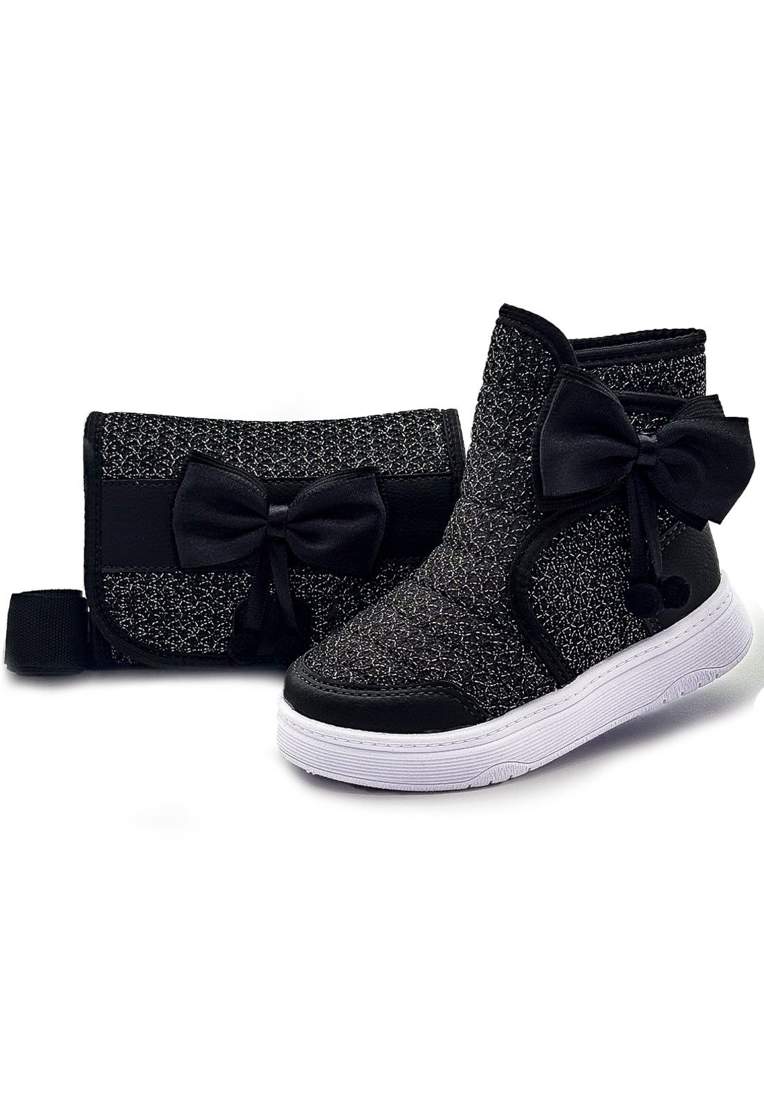 Infantil – Kit Bota Feminina Cano Alto Com Bolsa Menina Preta/Brilho Mzkid