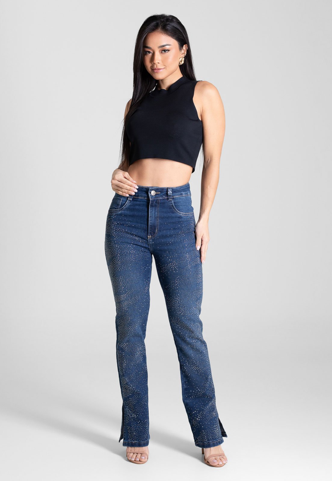 Calça Feminina Sawary Jeans Bootcut Detalhe Strass Azul