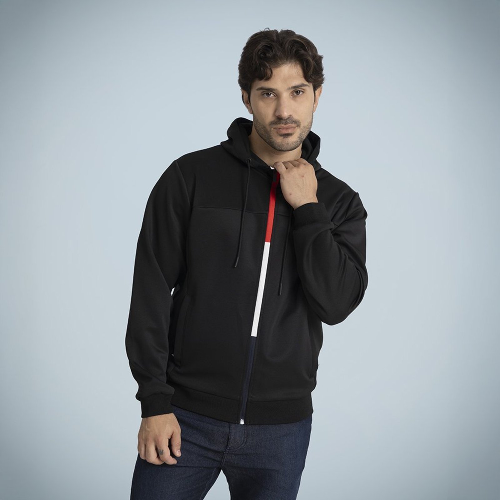 Blusa de Malha Masculina Sportswear Preta com Capuz e Três Listras Preto