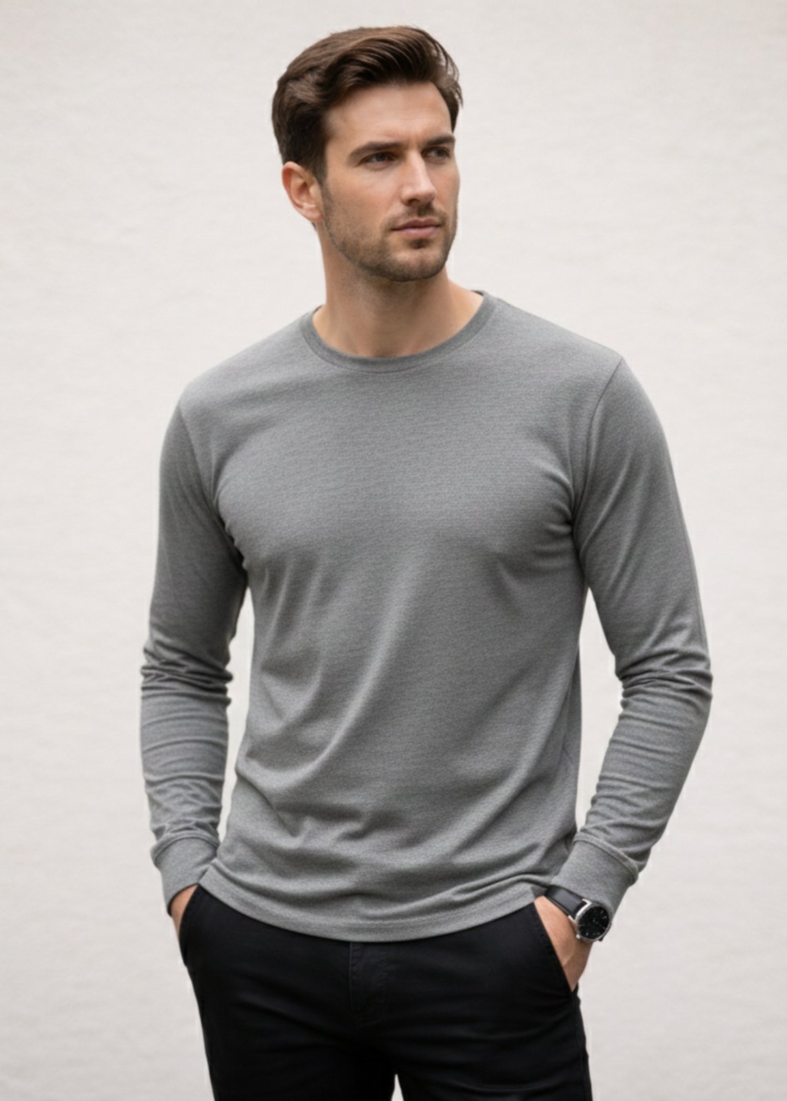 Camiseta Básica Manga Longa Masculina Slim Confortável - Cinza