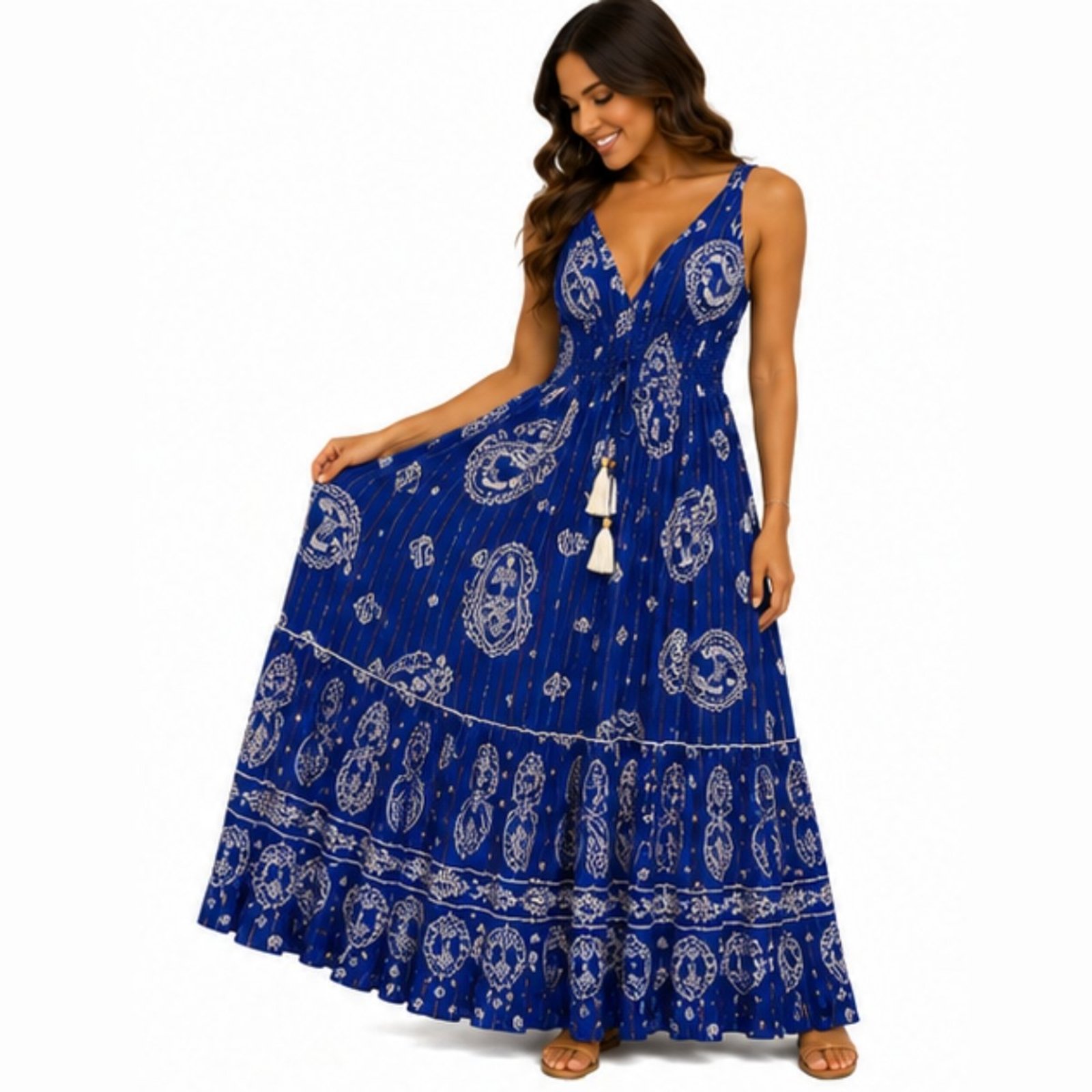 Vestido Longo Feminino Indiano em Viscose Estampado com Lastex Azul
