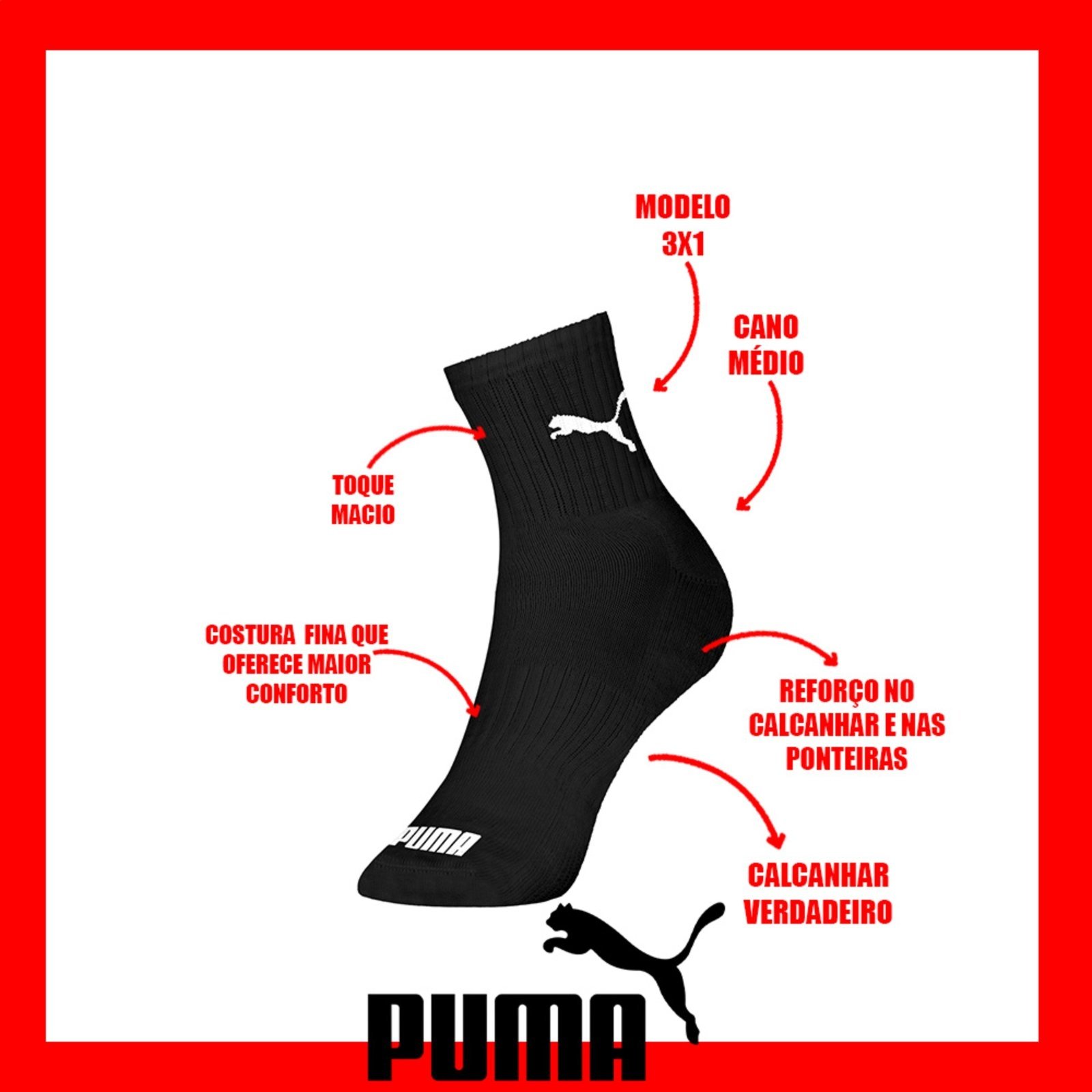 Kit Com 3 Pares Meia Esportiva Masculina Cano Médio Puma Branco