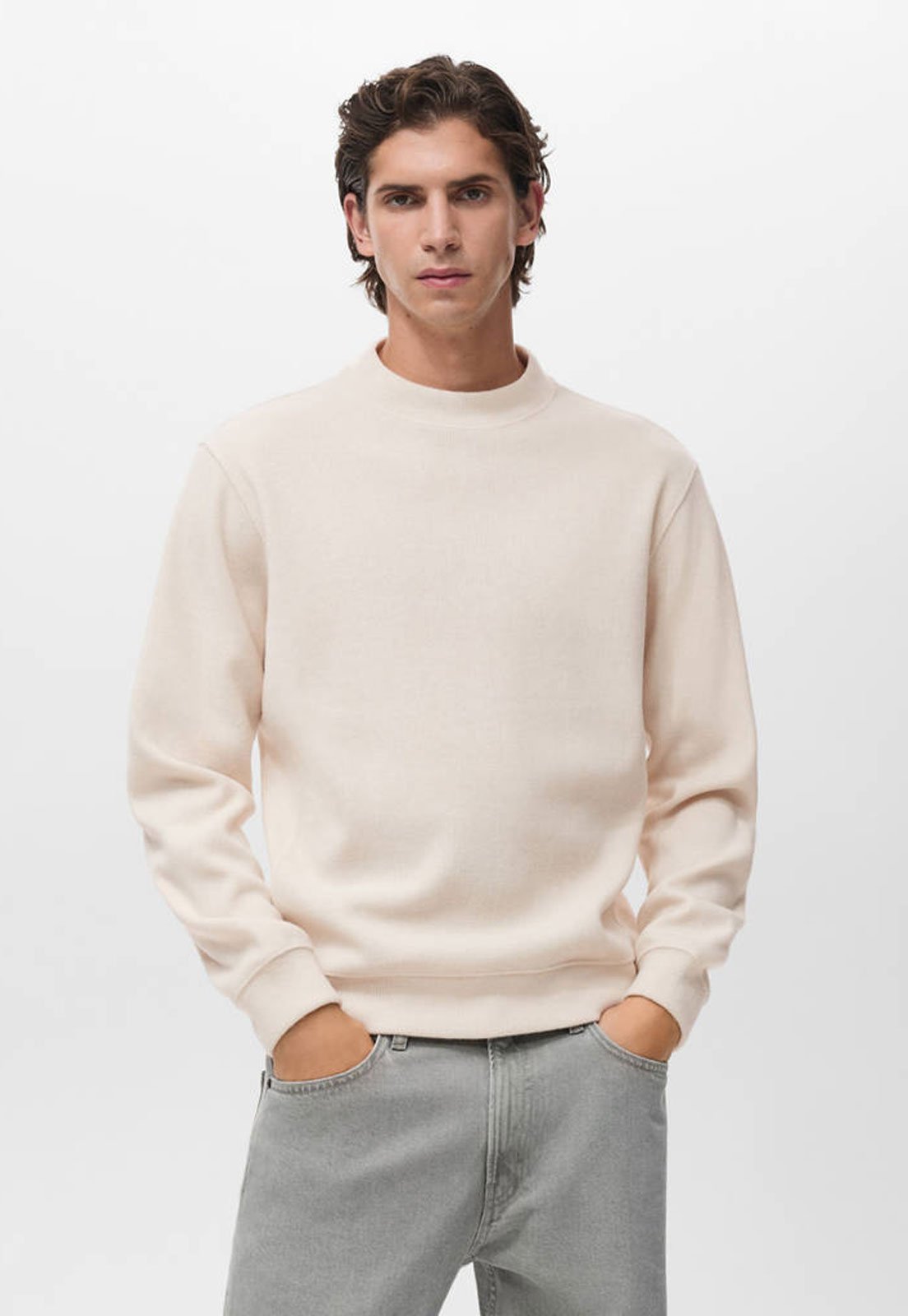 Blusa de Moletom Masculino Mango Gola Redonda Creme